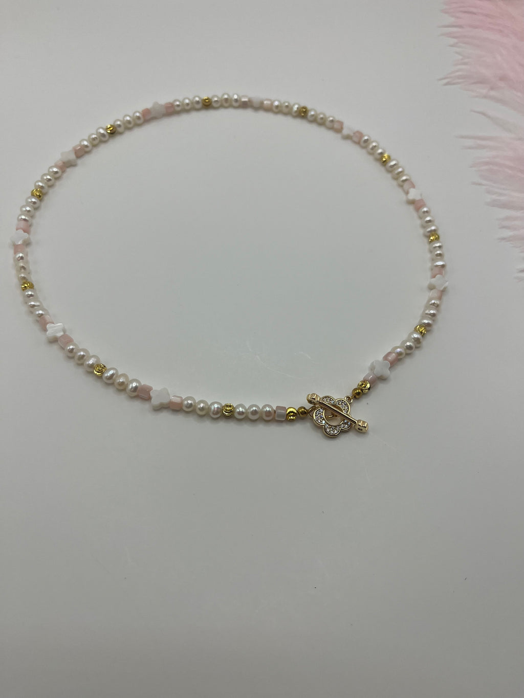 Freshwater Pearl & Shell Necklace with 18K Gold Plated Flower Toggle