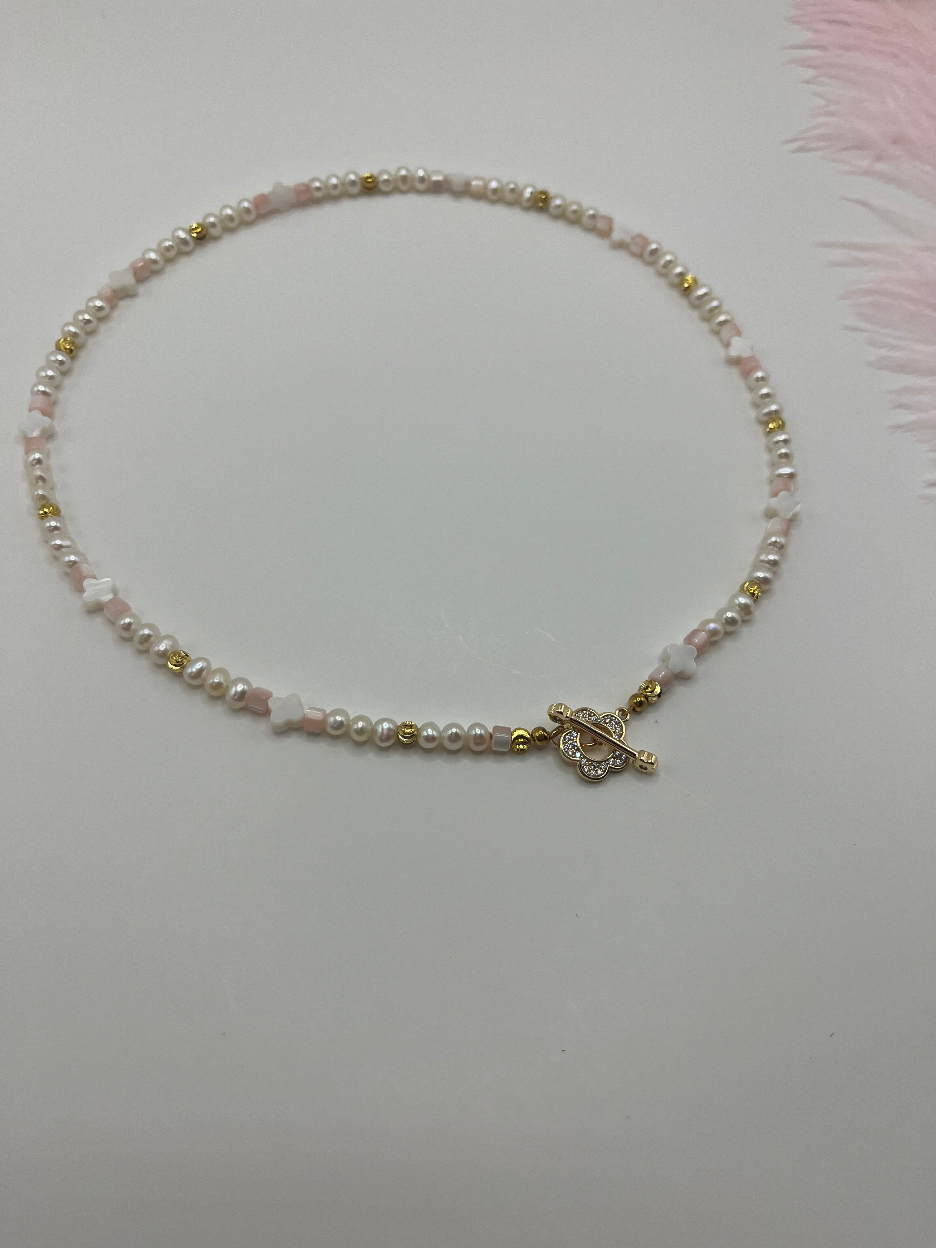 Freshwater Pearl & Shell Necklace with 18K Gold Plated Flower Toggle