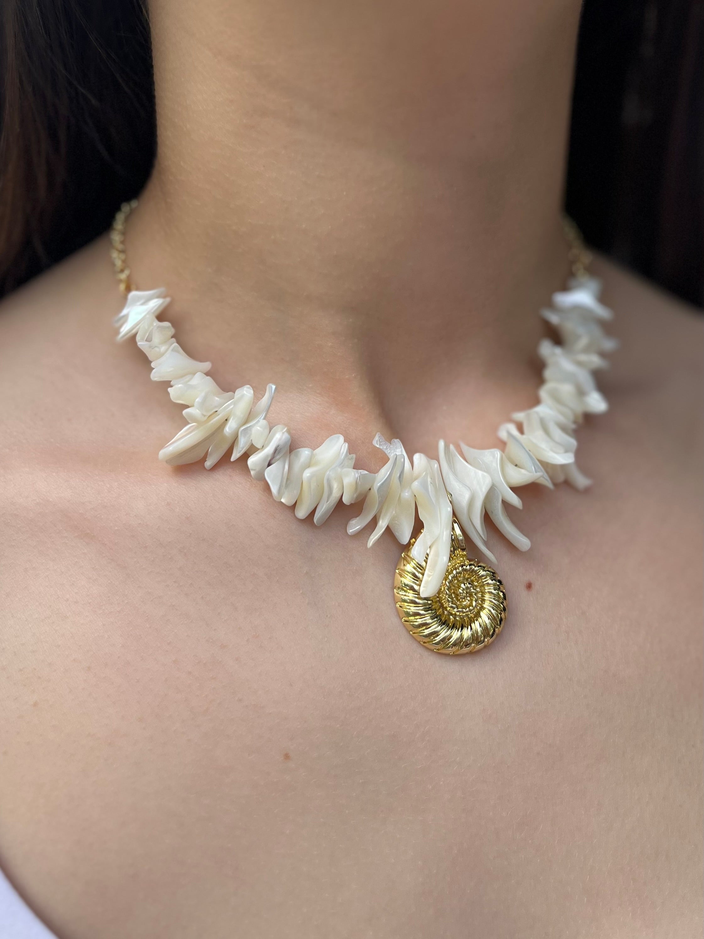 Natural Trochid Shell Necklace with Conch Charm, 18K Gold Plated