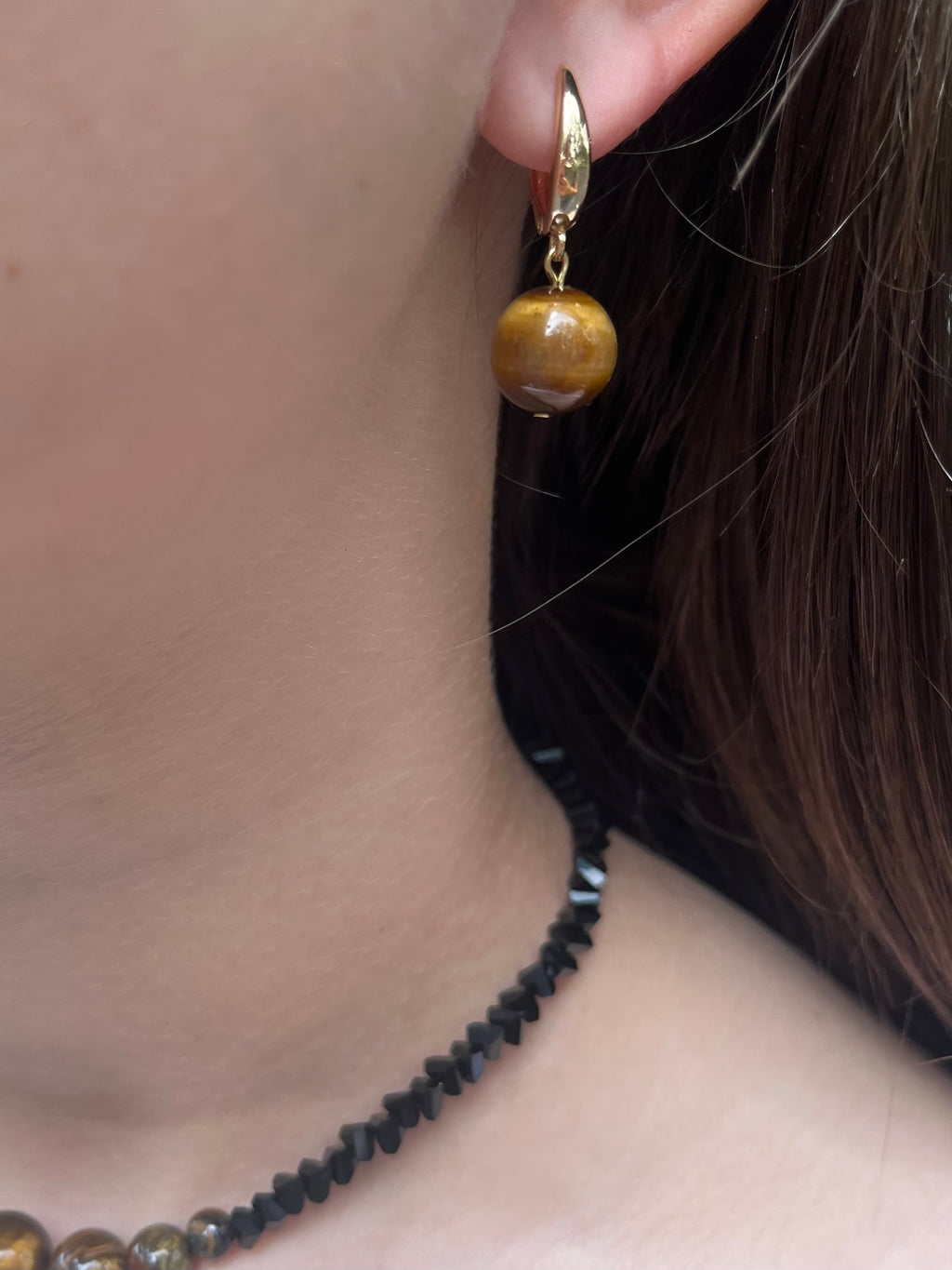 Set: Black Crystal Choker Necklace with Tiger Eye and earrings
