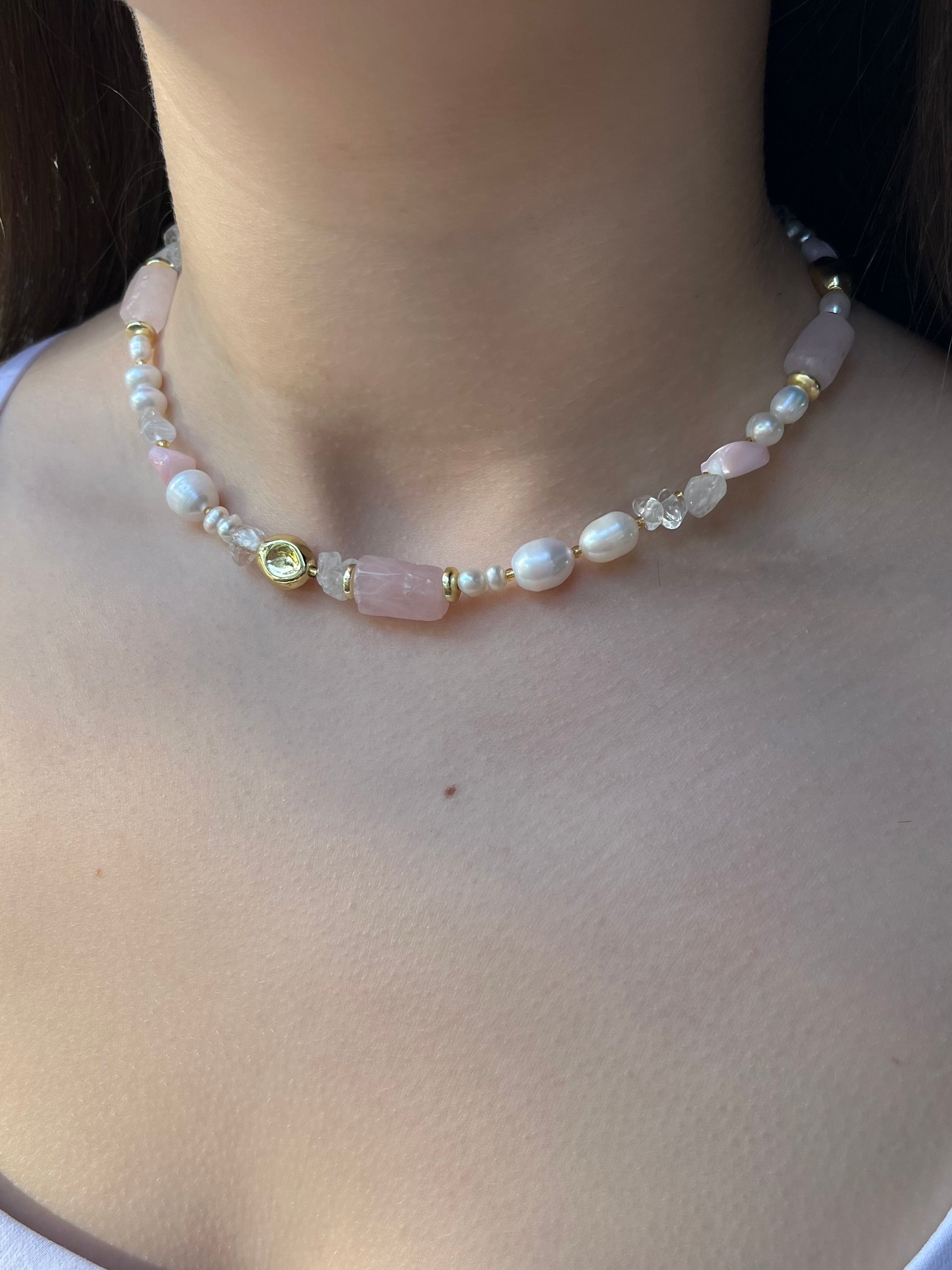 Set: Pearl and Rose Quartz Necklace and Earrings