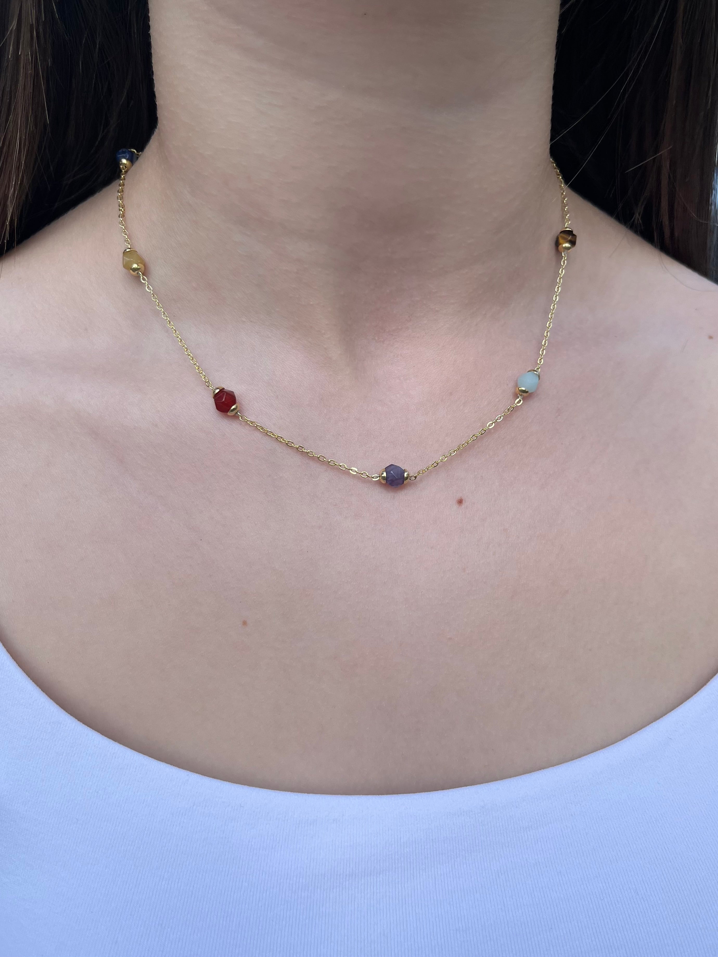 Chakra natural gemstone Necklace: tiger eye, quartz, amethyst, agate, amazonite, sodalite