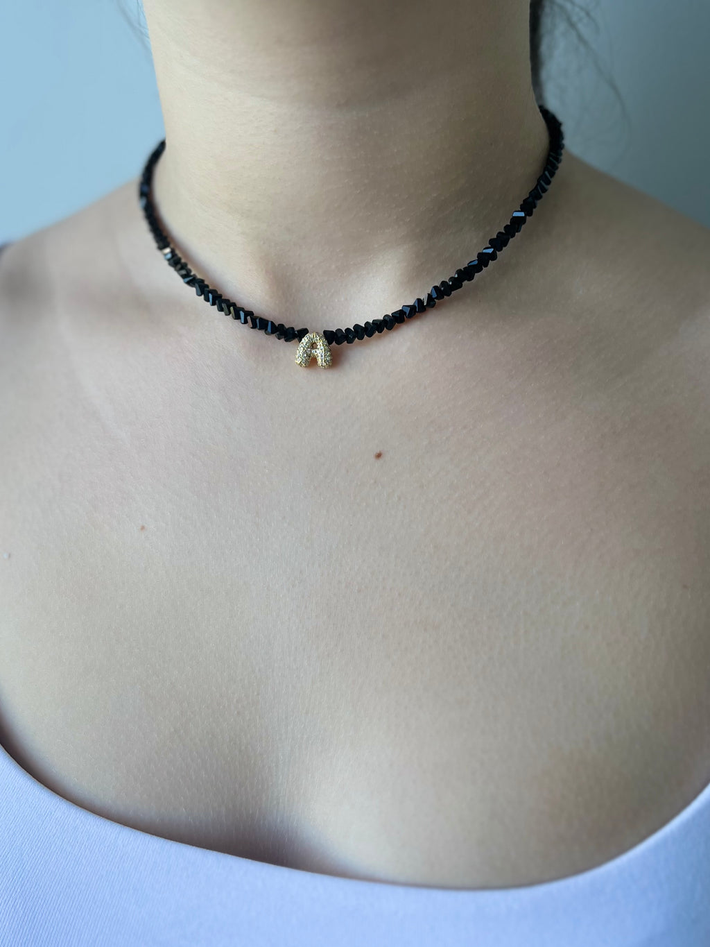 Initial Charm Black Crystal Necklace – 18K Gold Plated, Cubic Zirconia