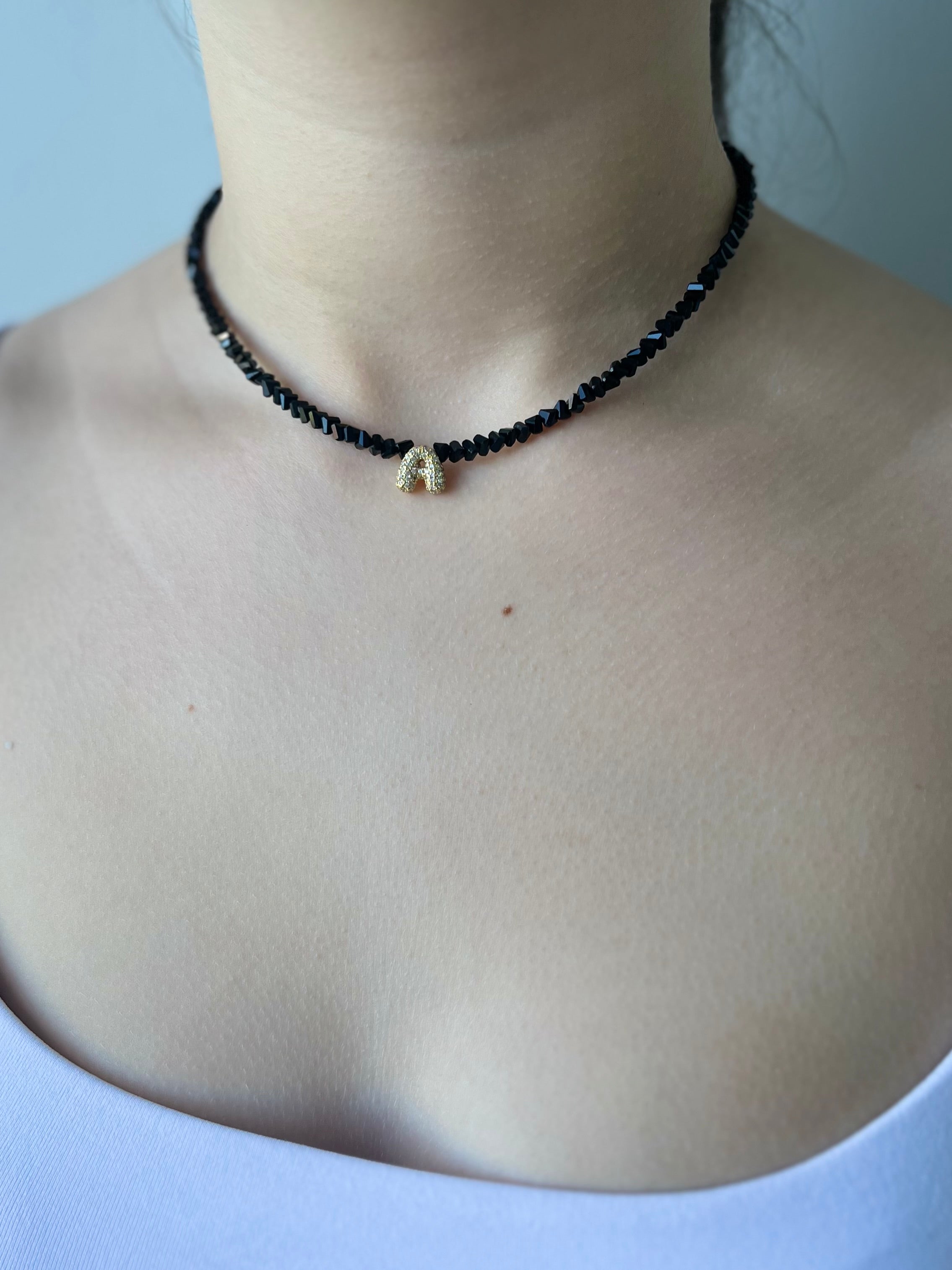 Initial Charm Black Crystal Necklace – 18K Gold Plated, Cubic Zirconia