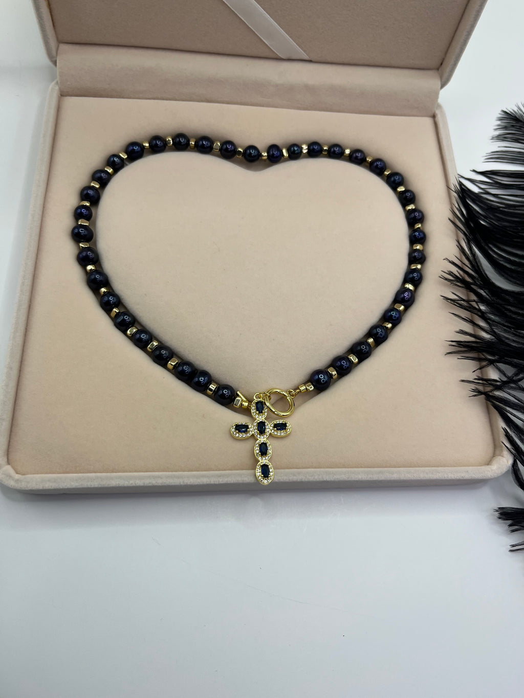 Blue Pearl Choker Necklace with Cross pendant: 18K Gold Plated