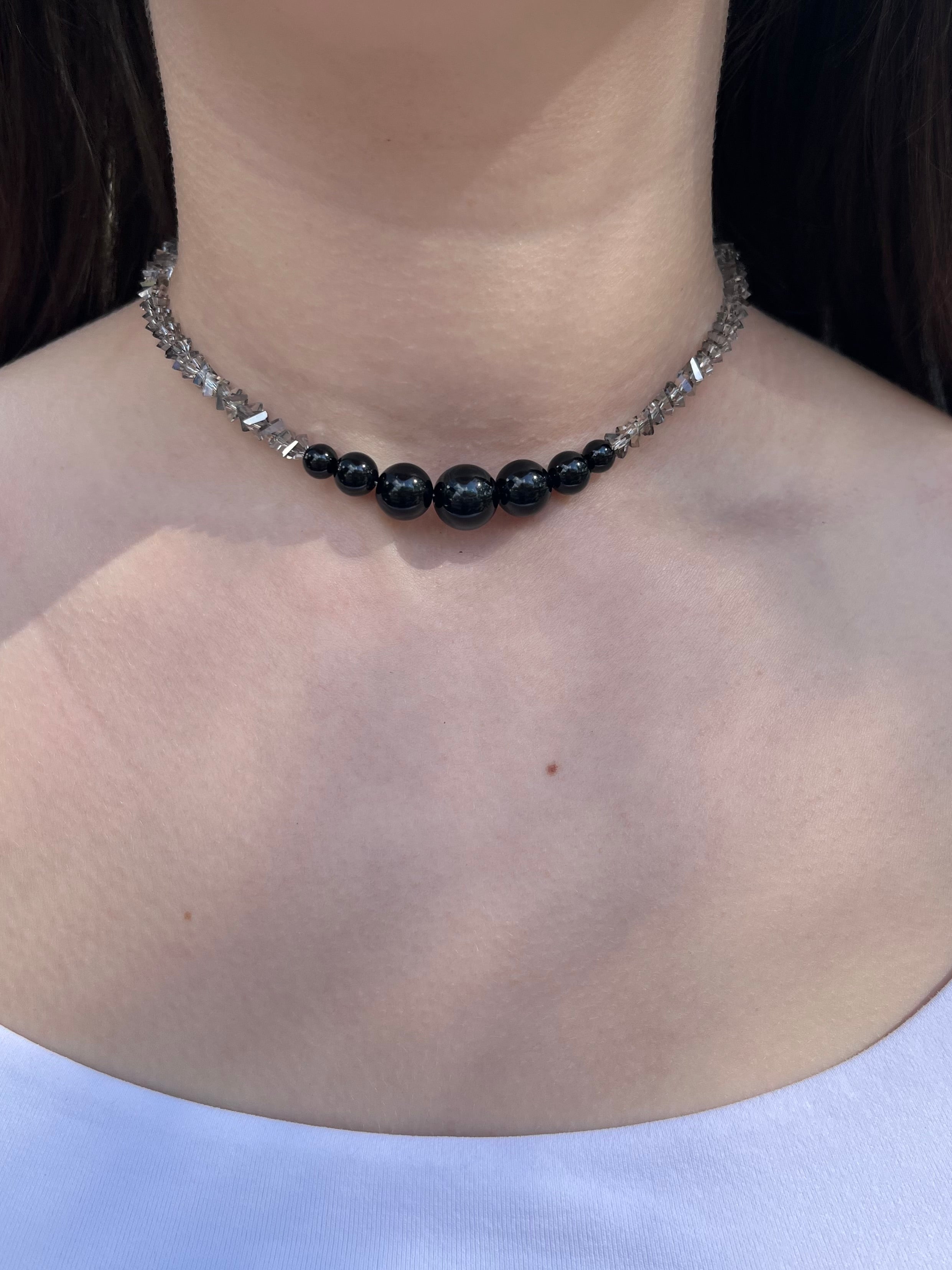 Set: Black Crystal Choker Necklace with onyx and Earrings