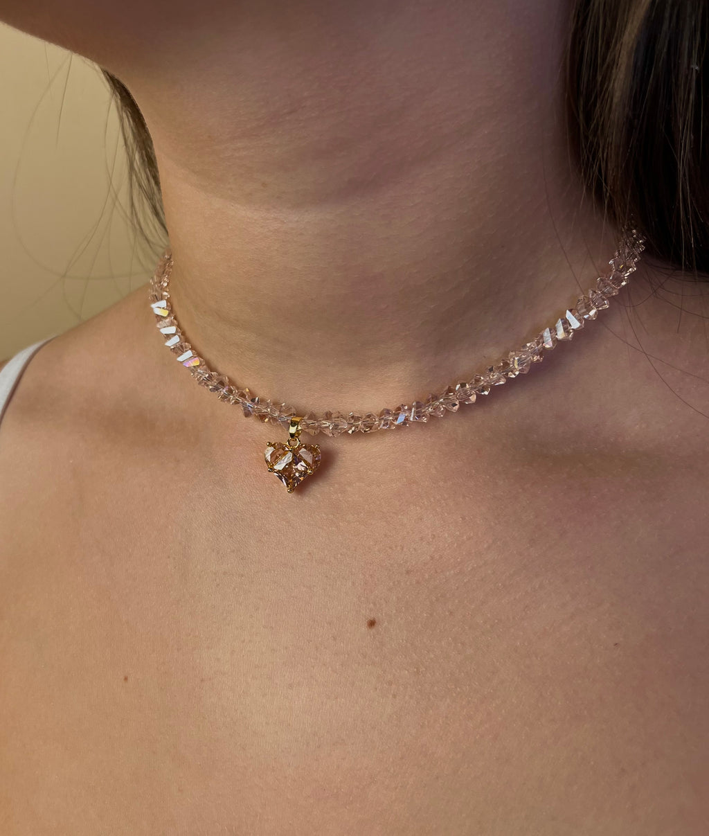 Set: Heart Pink Crystal Choker Necklace and Earrings – 18K Gold Plated, Cubic Zirconia, Nickel Free