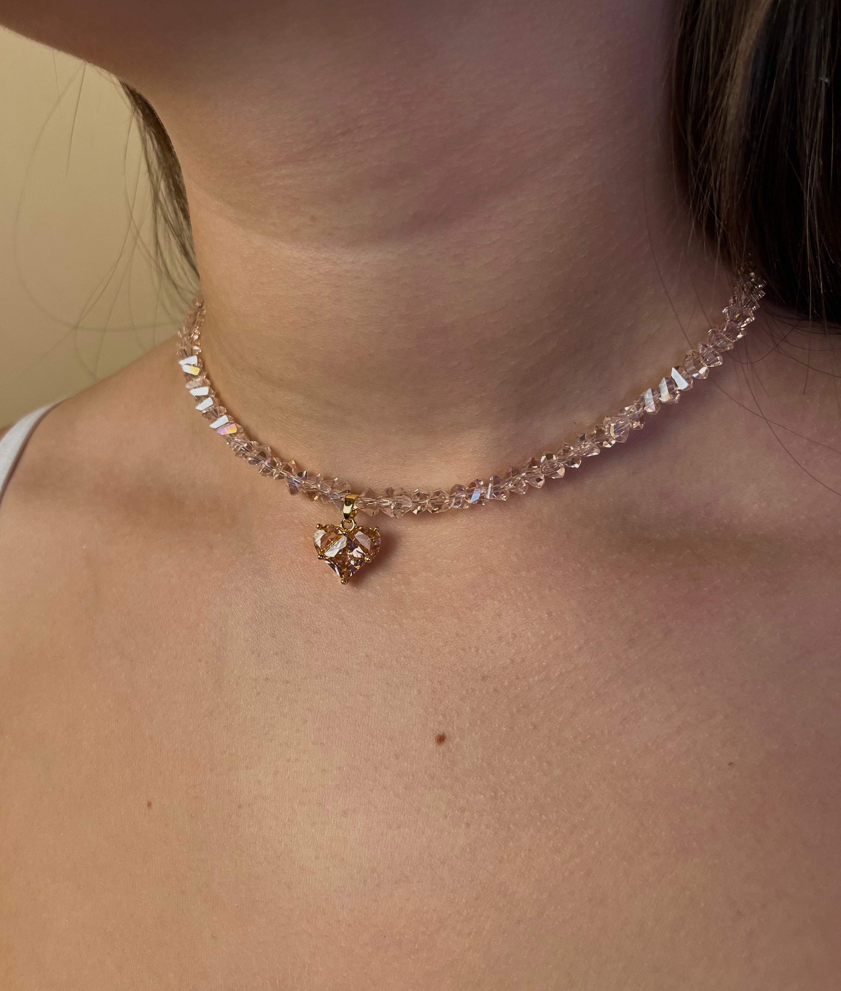Set: Heart Pink Crystal Choker Necklace and Earrings – 18K Gold Plated, Cubic Zirconia, Nickel Free