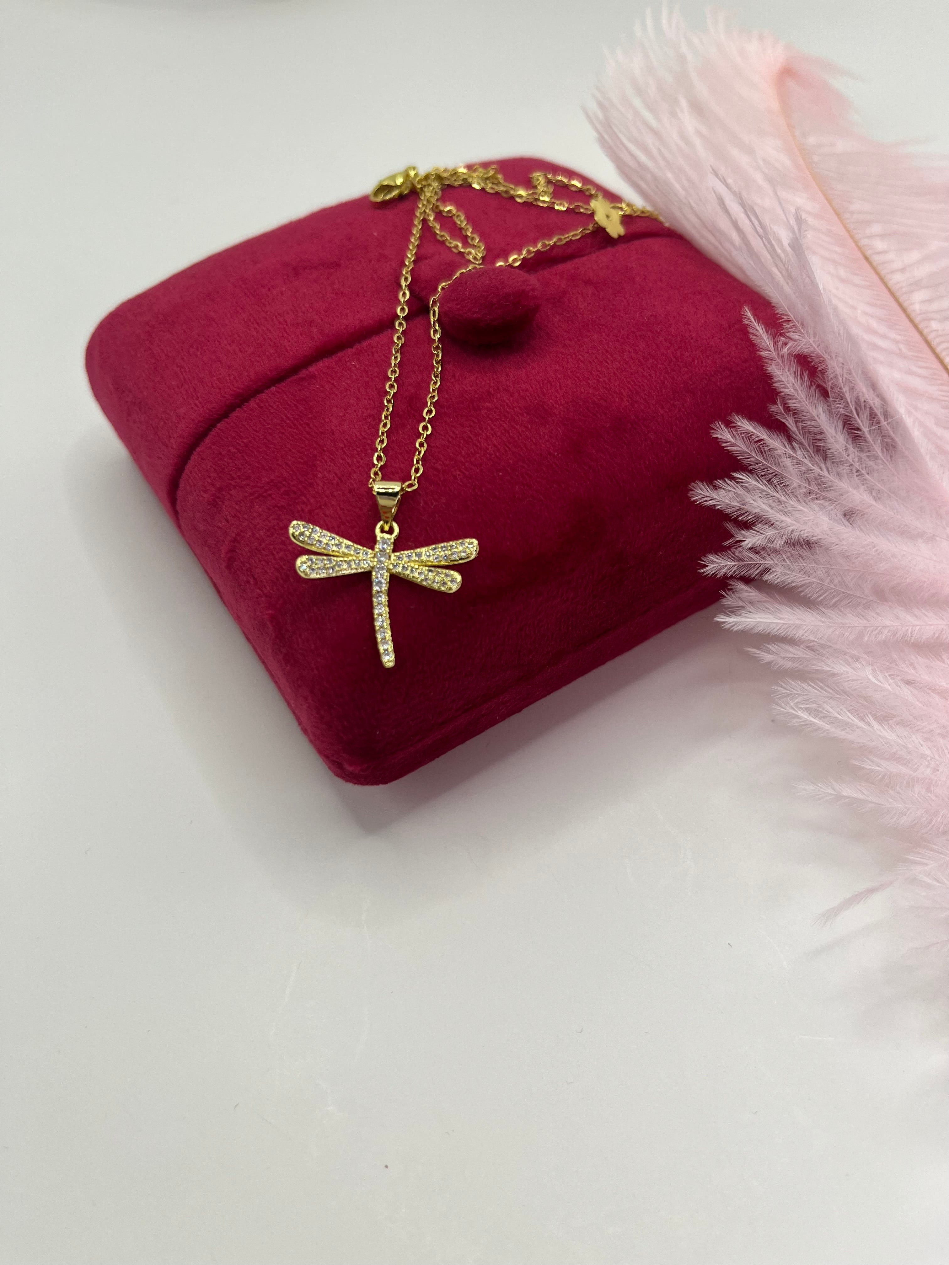 Dragonfly Necklace, pendant  Real 18K Gold Plated
