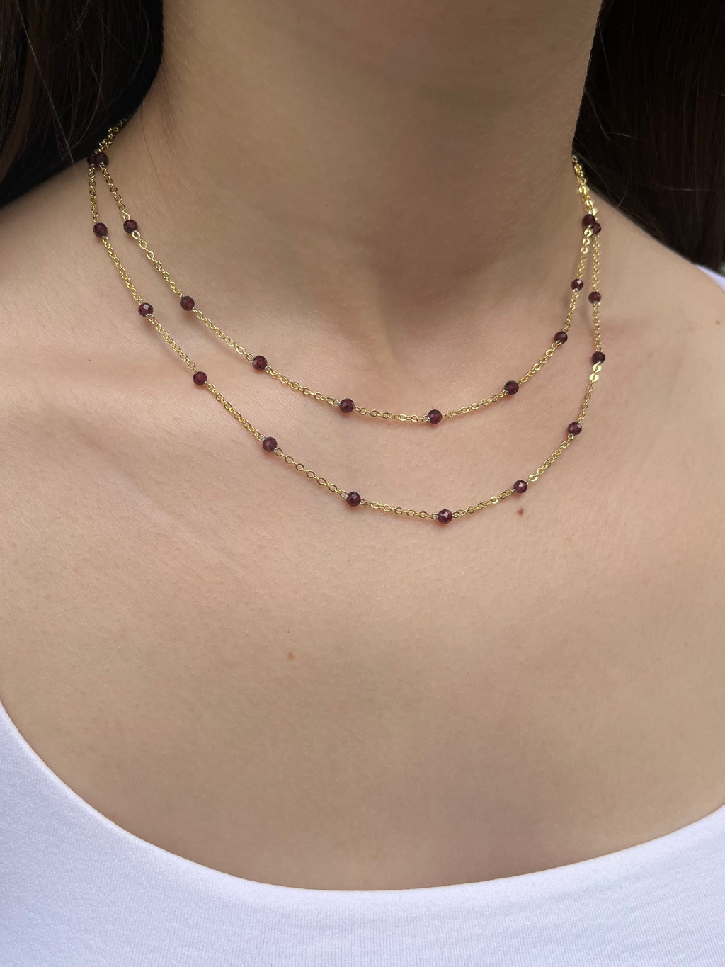 Layered Garnet necklace , 18K gold clasp