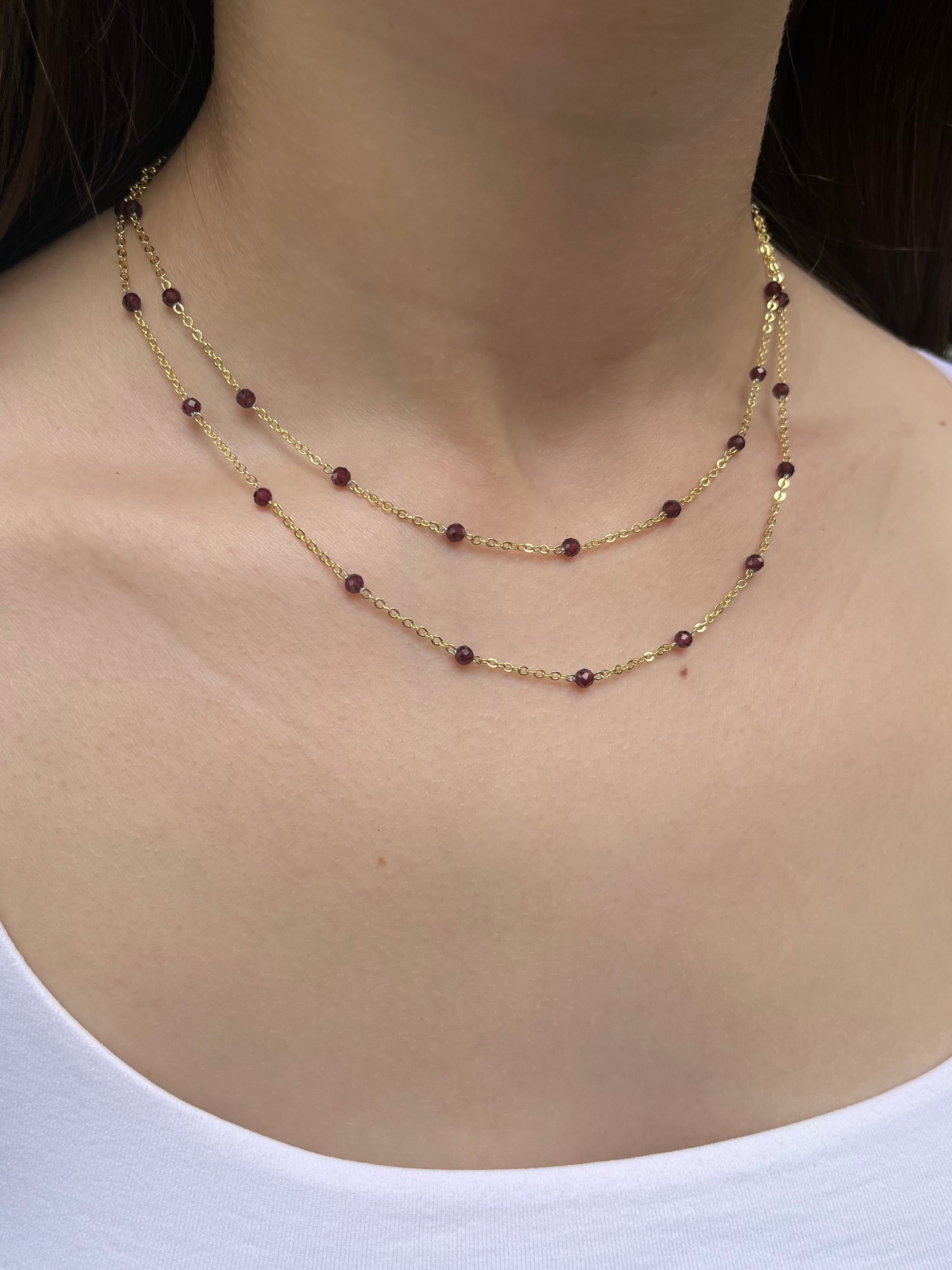 Layered Garnet necklace , 18K gold clasp