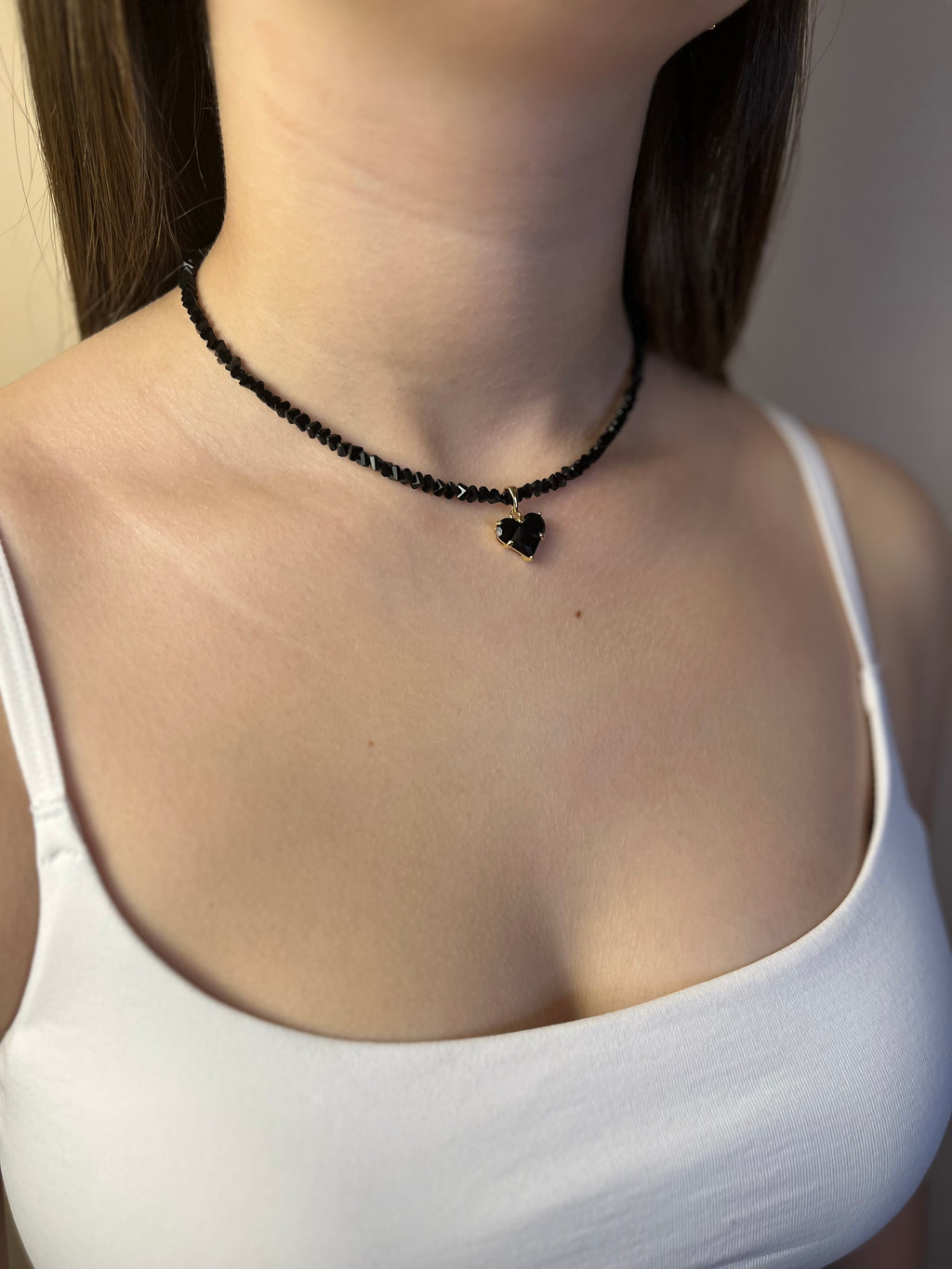 Set: Heart Black Crystal Choker Necklace and Earrings – 18K Gold Plated, Cubic Zirconia, Nickel Free