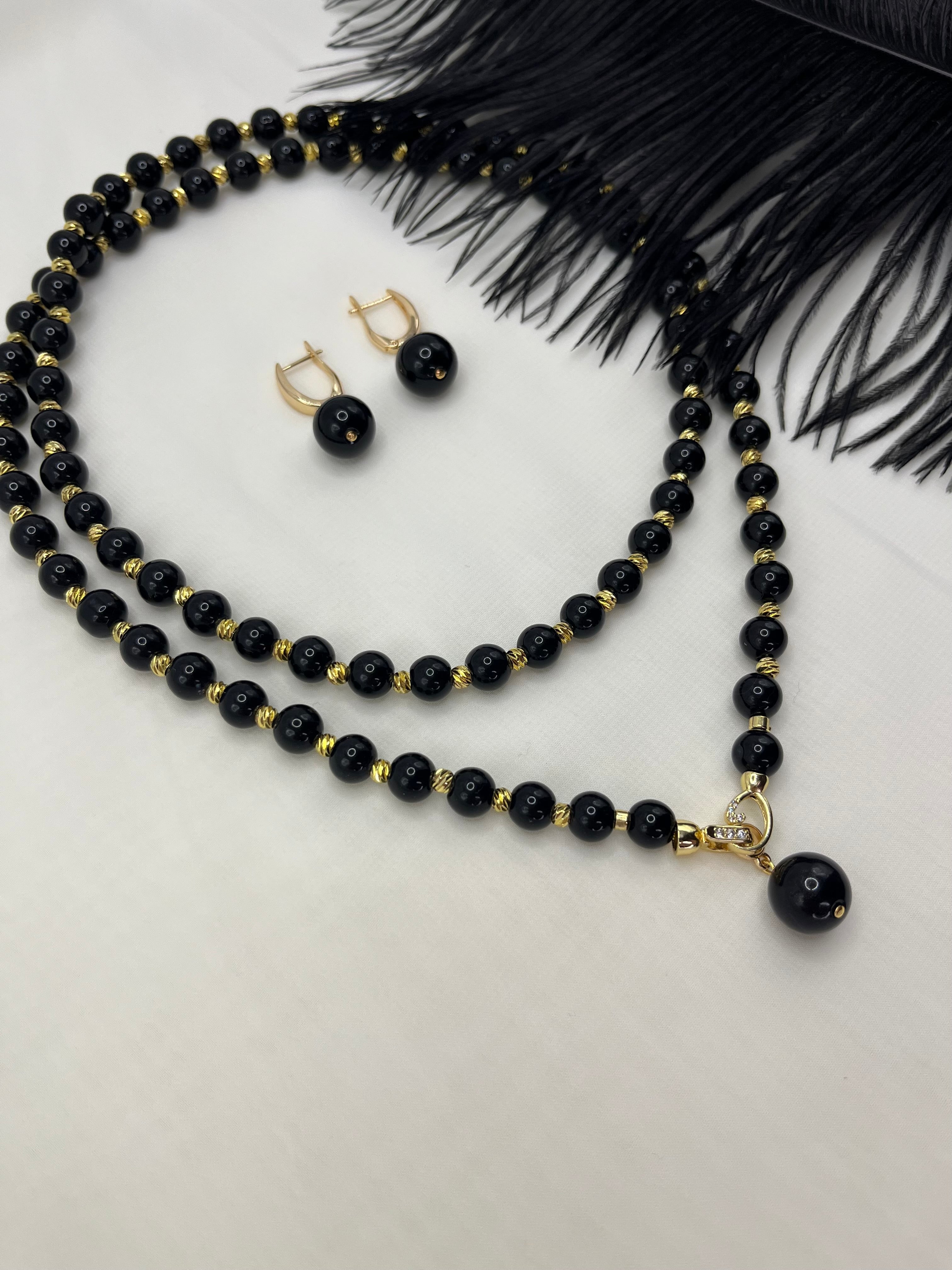 Set: Black Onyx Necklace and Earrings Set: 18K Gold Plated