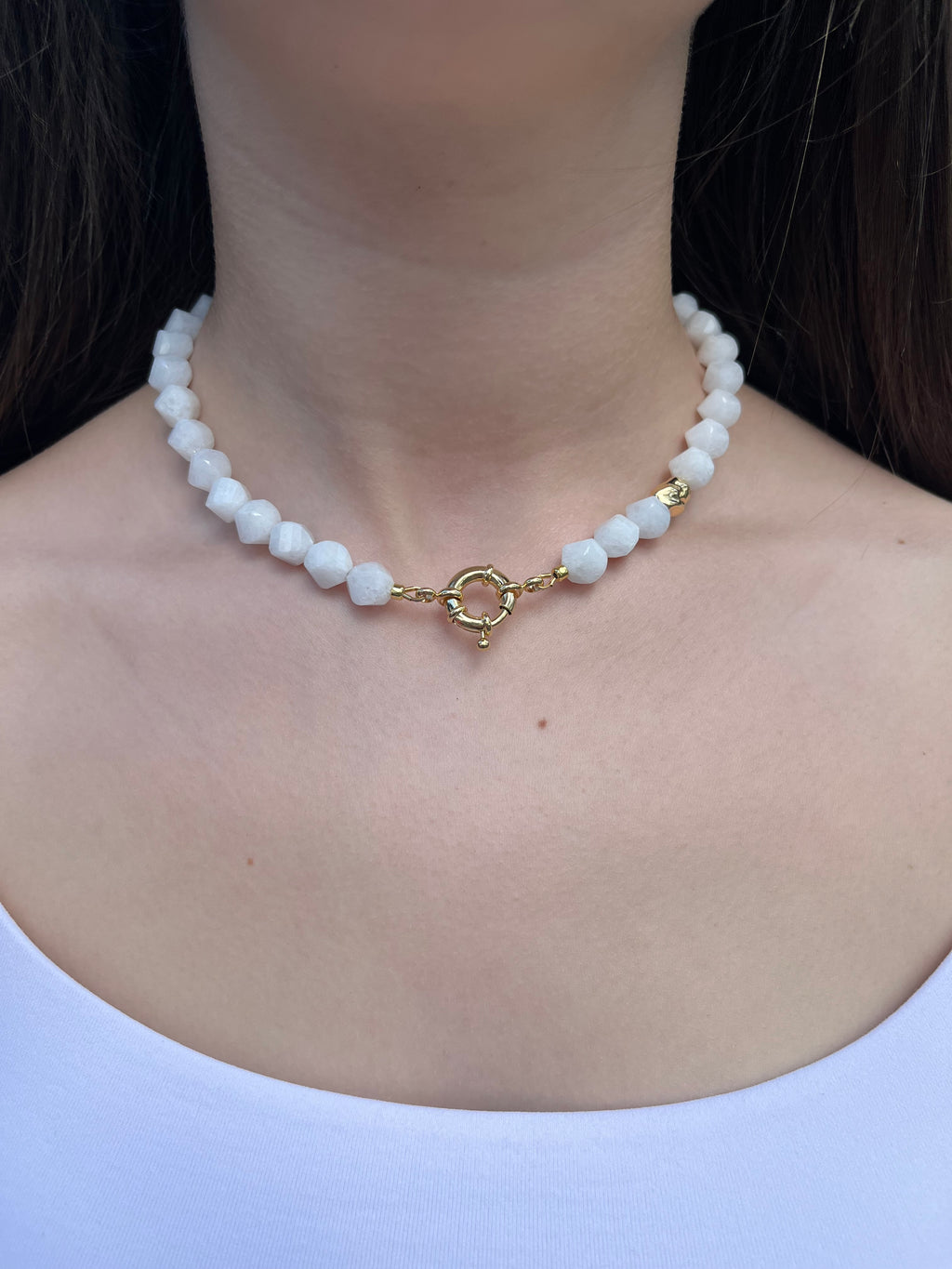 Natural White Jade Necklace with Gold Accent