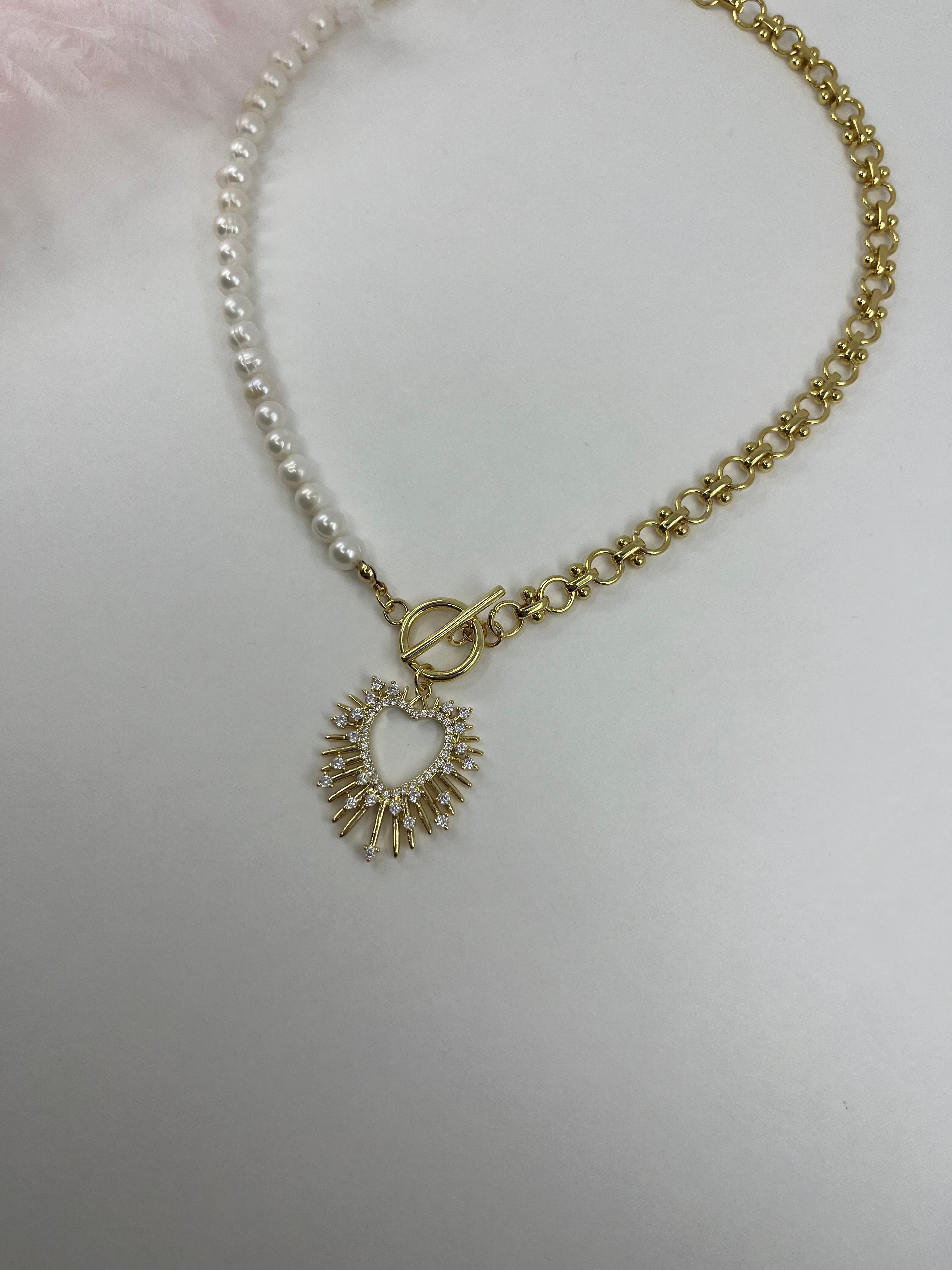 Asymmetrical Pearl Necklace with Heart Pendant, 18K Gold Plated Chain