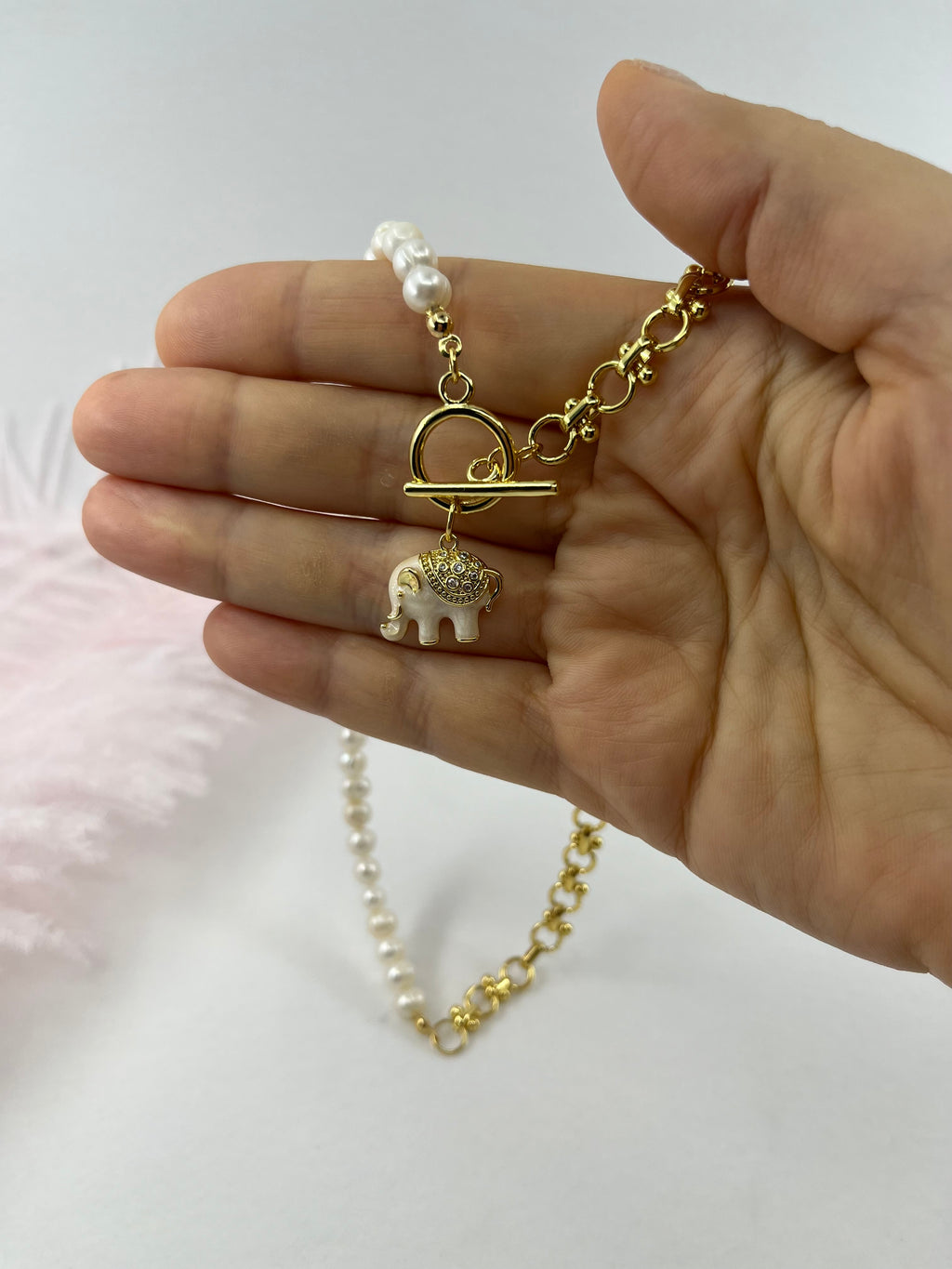 Asymmetrical Pearl Necklace with Elephant Pendant, 18K Gold Plated Chain