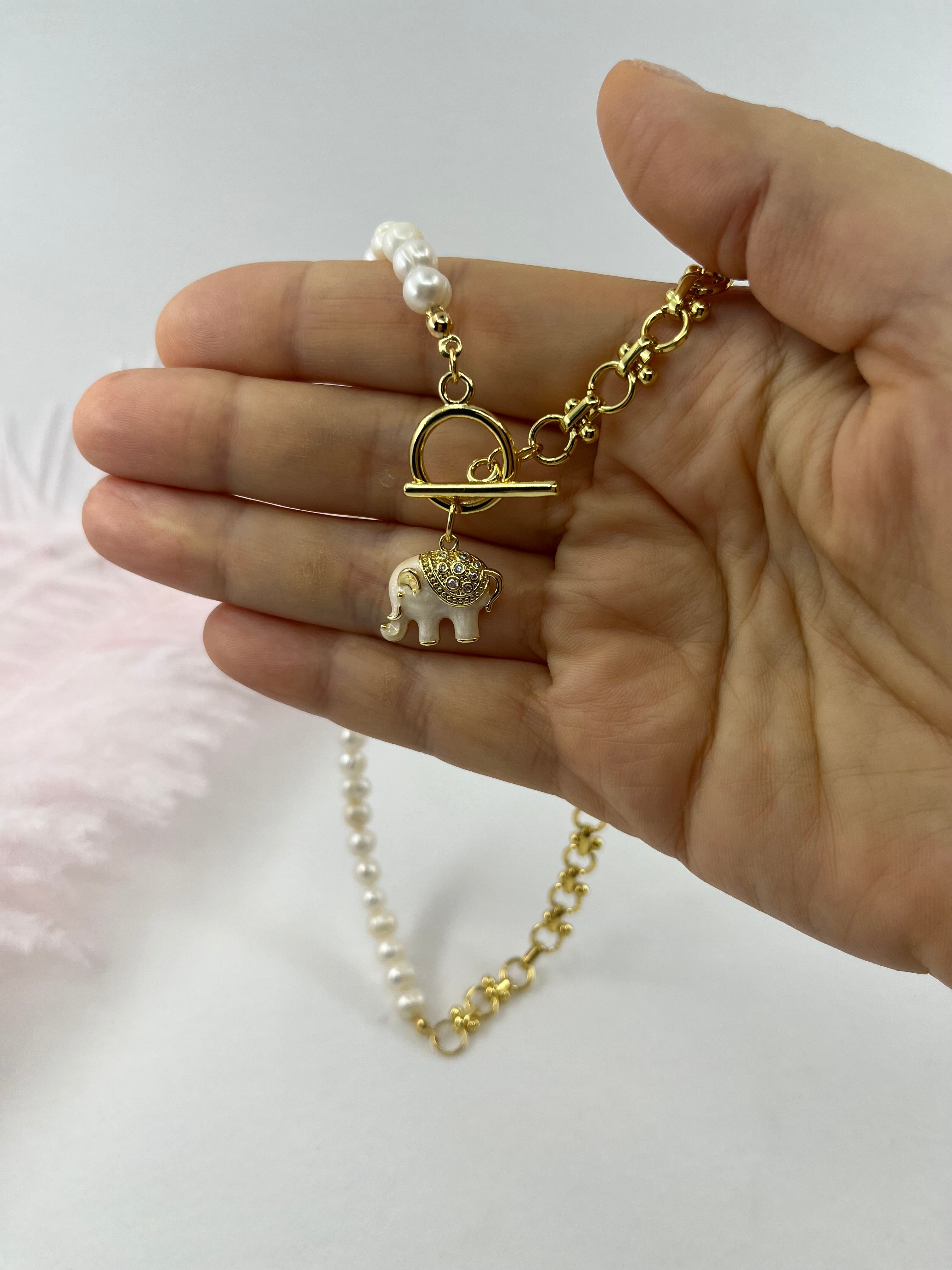 Asymmetrical Pearl Necklace with Elephant Pendant, 18K Gold Plated Chain