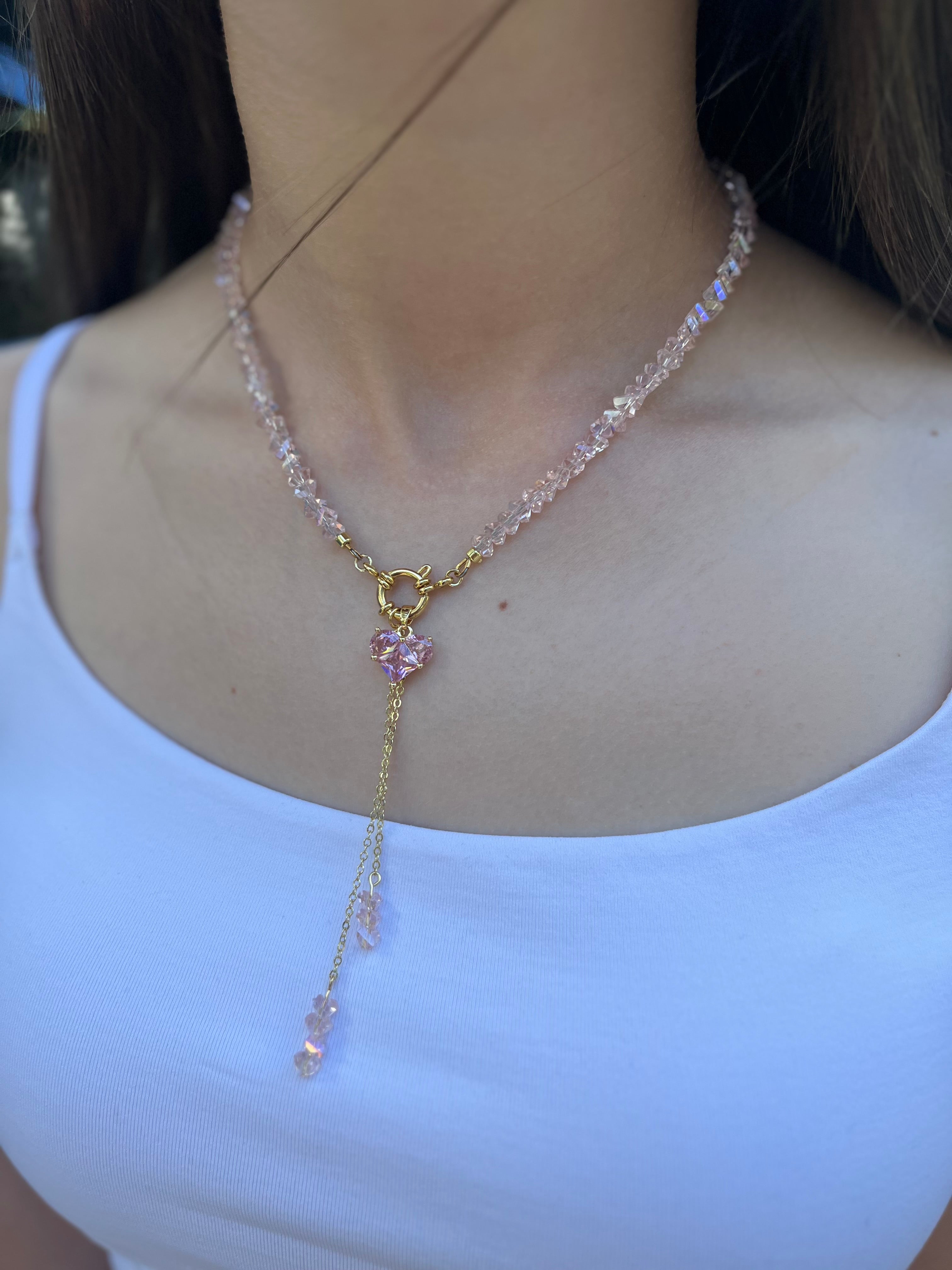 Set: Heart Pink Crystal Y-Necklace and Earrings – 18K Gold Plated, Cubic Zirconia