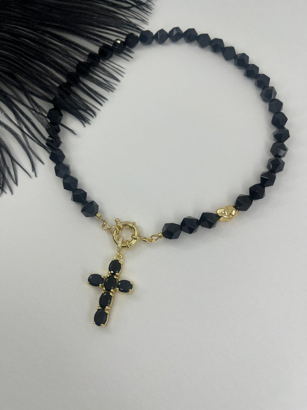 Natural Black Onyx Necklace with Gold Zirconia Cross