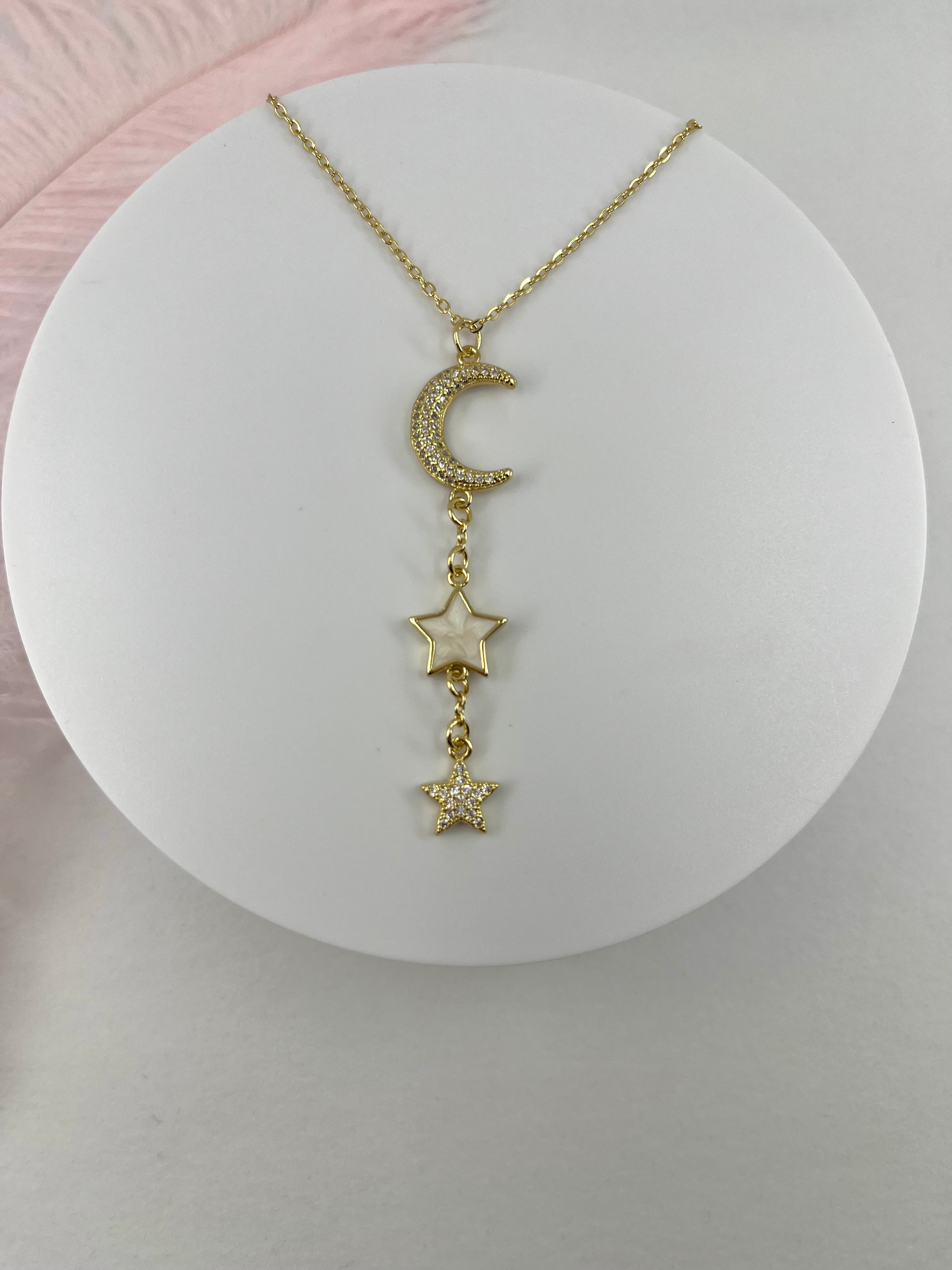 Zirconia Star and Moon Choker Necklace, Real 18K Gold Plated