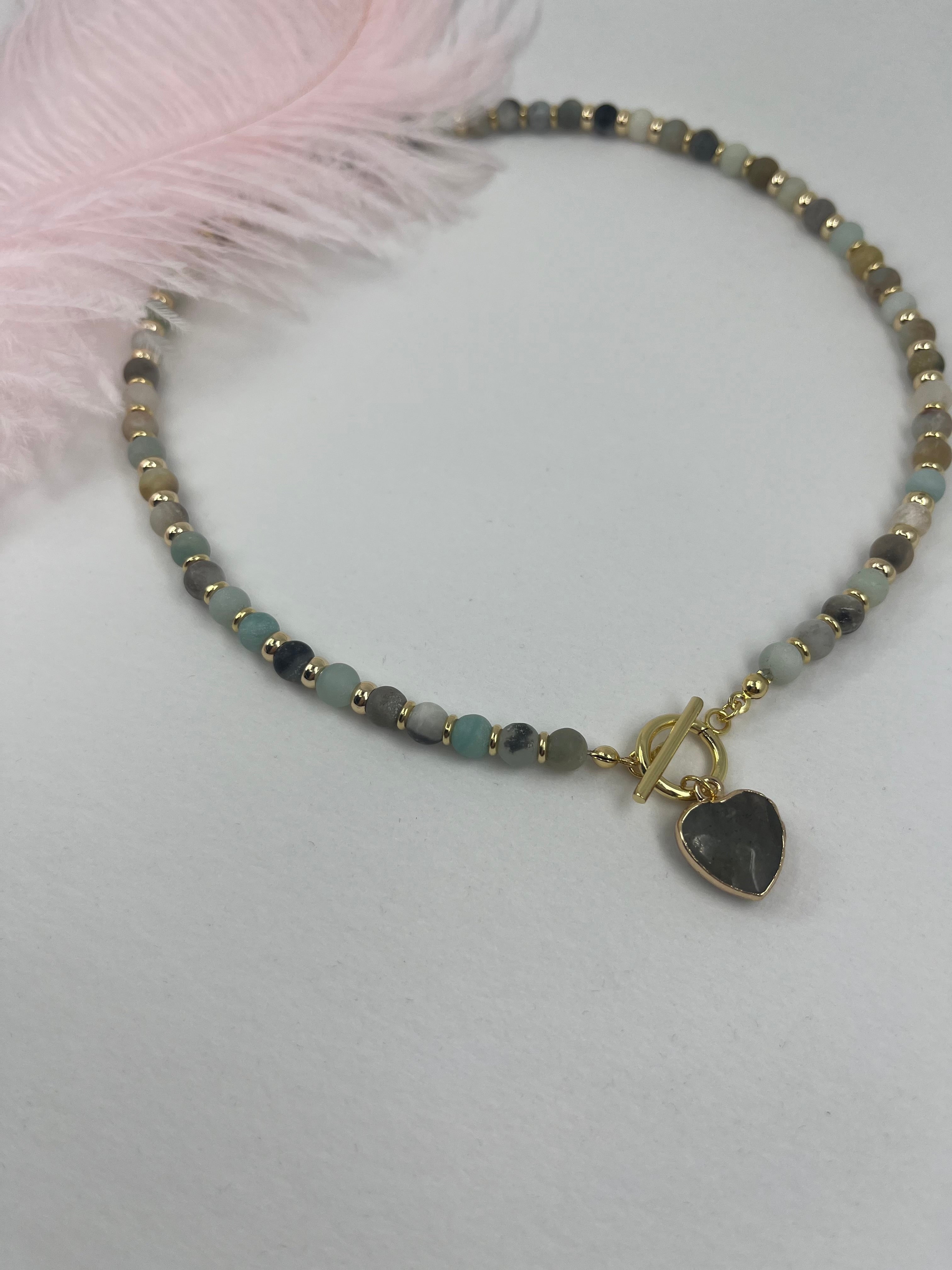 Natural Amazonite Heart Necklace, 18k gold plated clasp