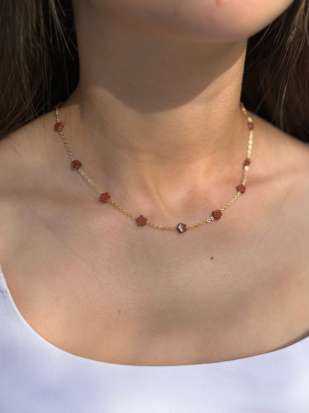 Red Sandstone Flower Necklace: 18K Gold Plated
