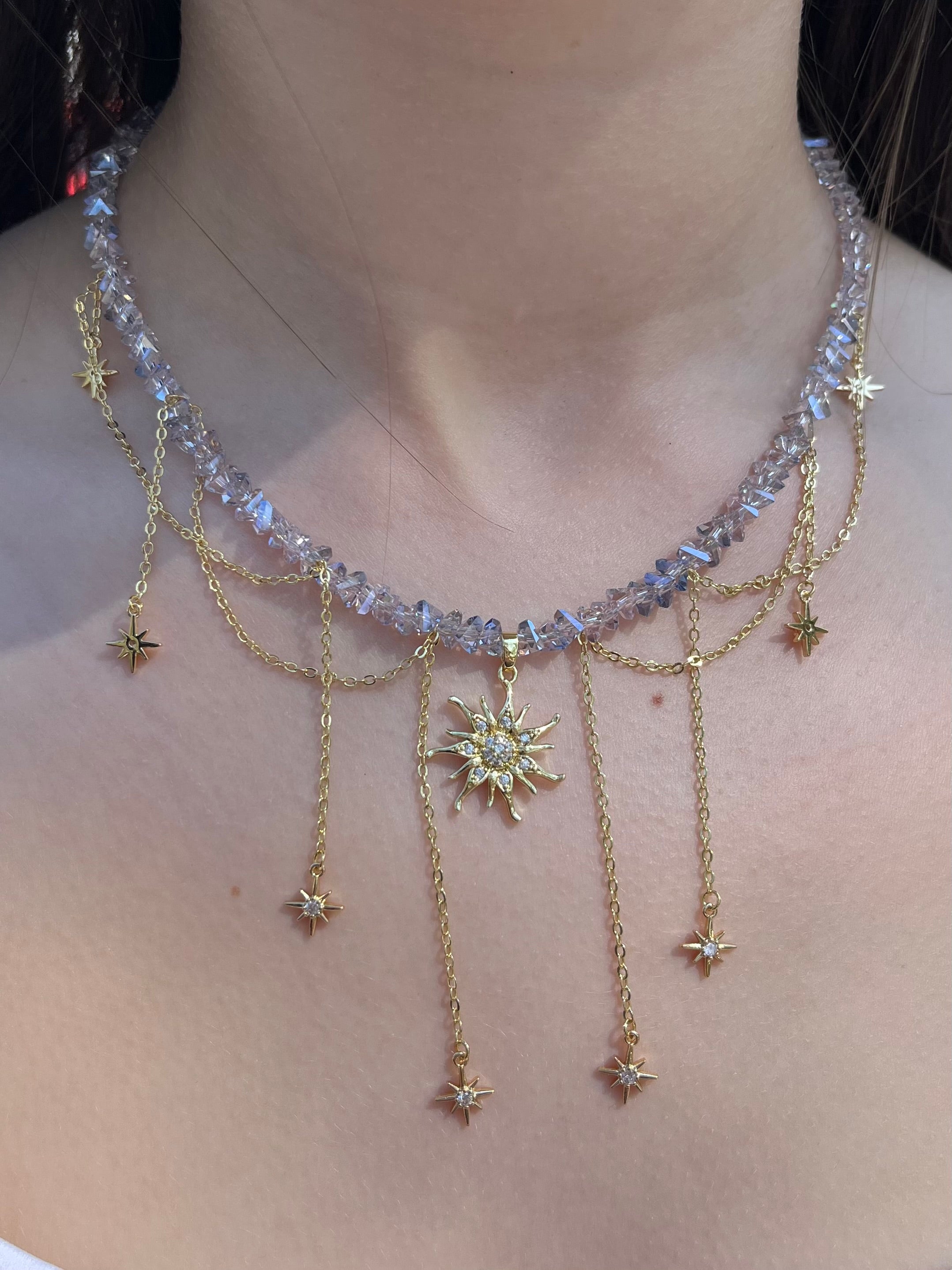 Handmade Crystal Sun & Star Necklace, 18K Gold Plated