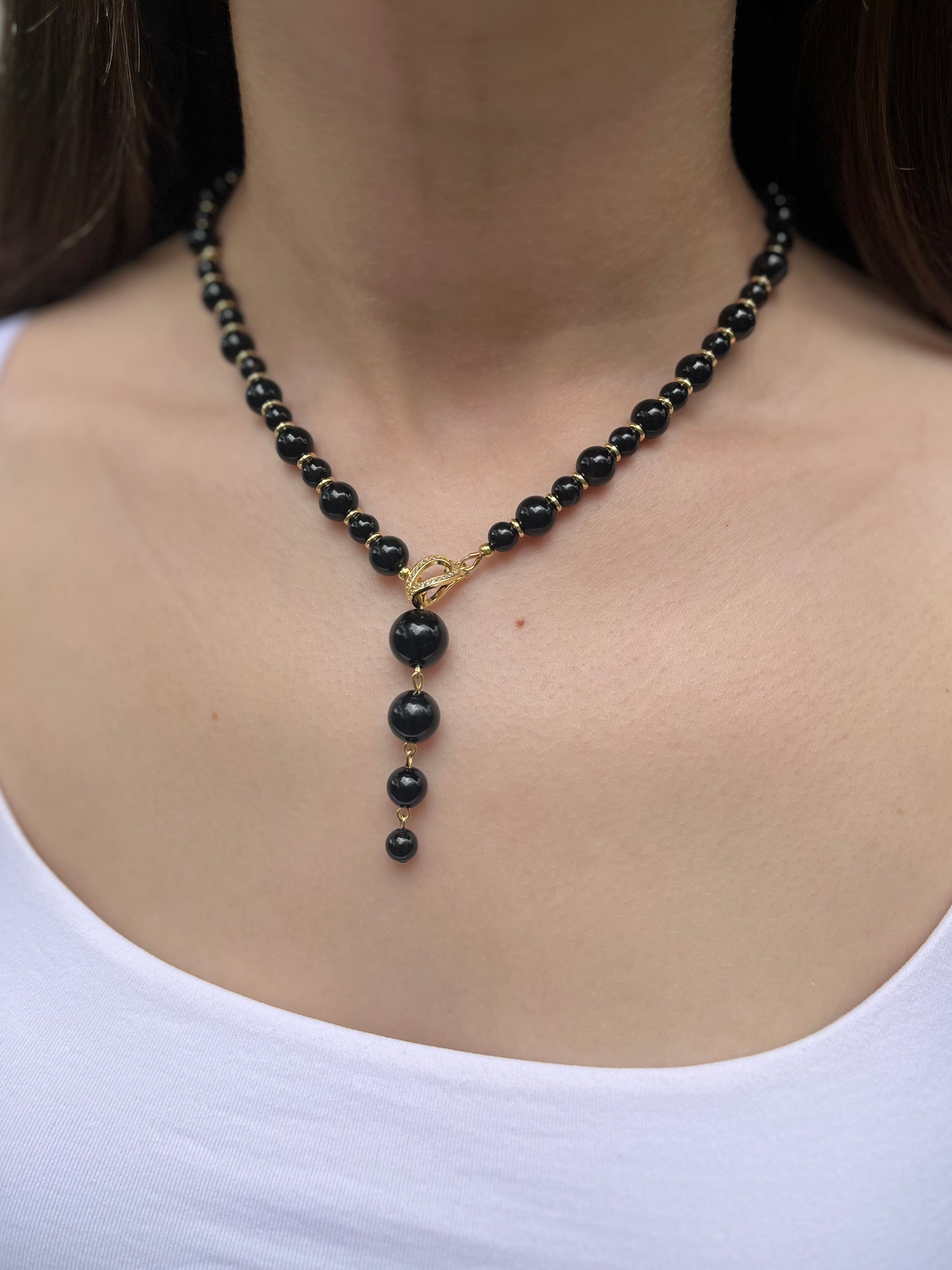 Set: Black Onyx Necklace and Earrings:18K Gold Plated
