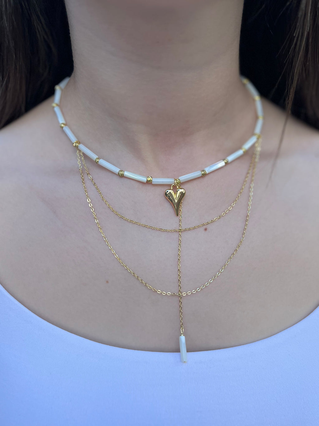 Layered Natural Trochus Shell Heart Necklace, 18K Gold-Plated