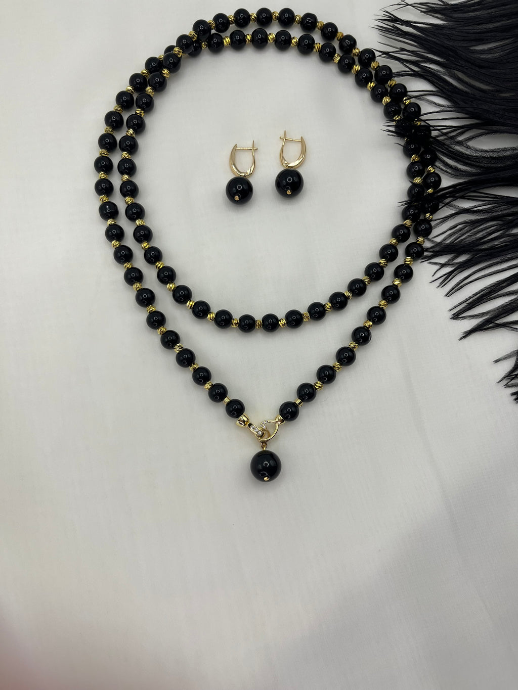 Set: Black Onyx Necklace and Earrings Set: 18K Gold Plated