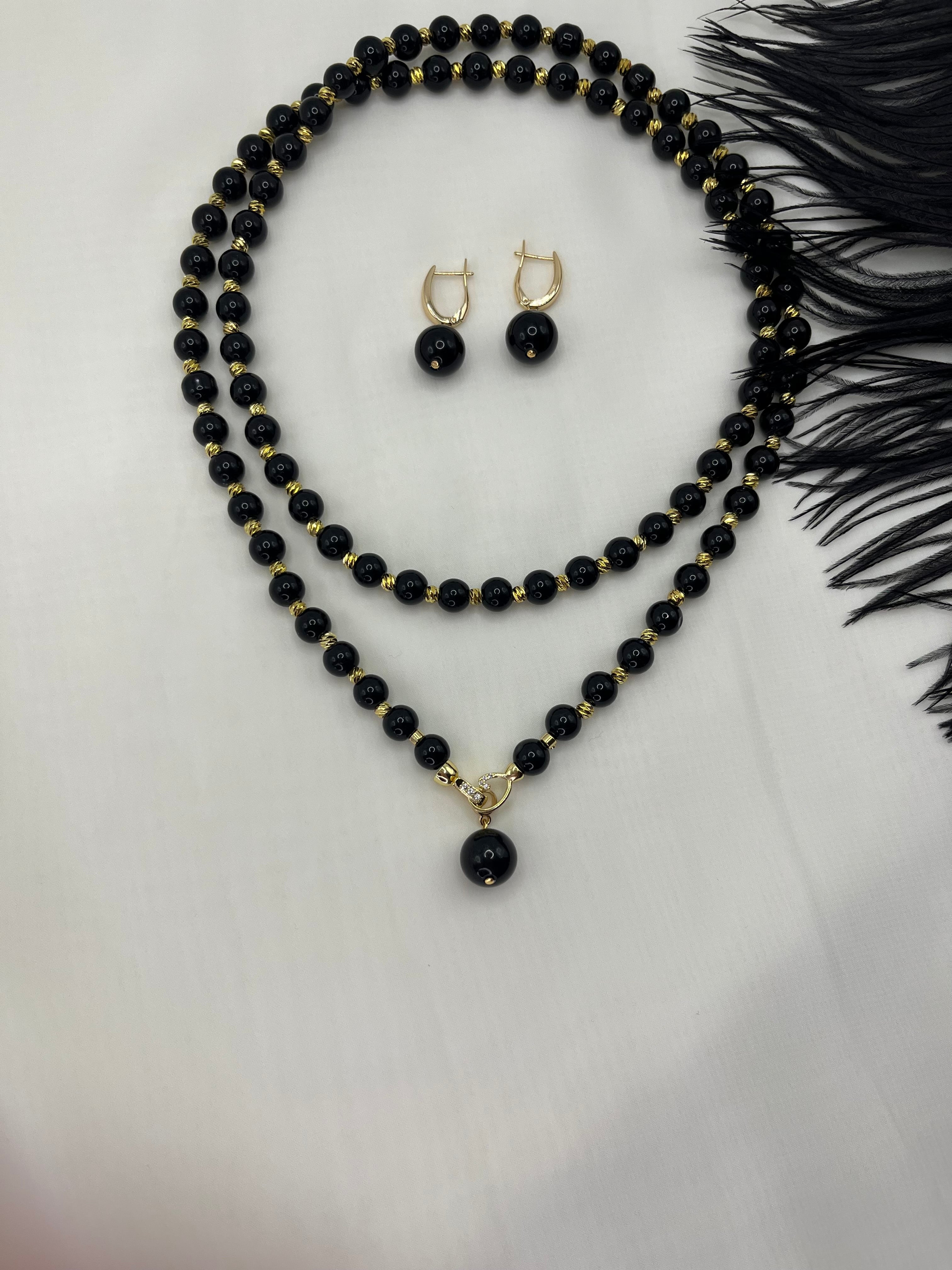 Set: Black Onyx Necklace and Earrings Set: 18K Gold Plated