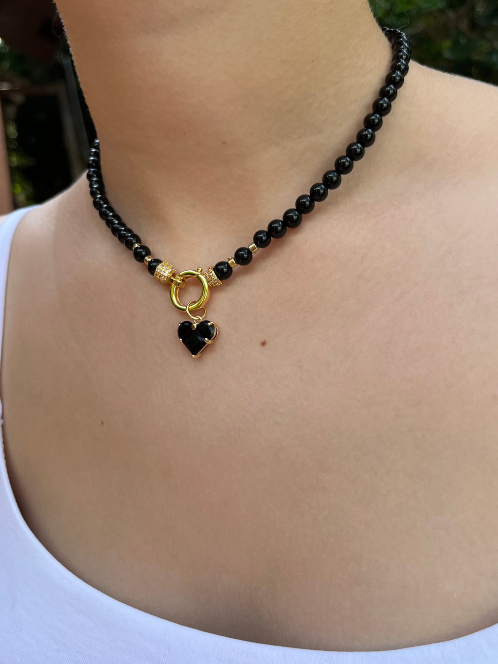 Black Onyx Necklace and Earrings Set – 18K Gold Plated Heart Charm