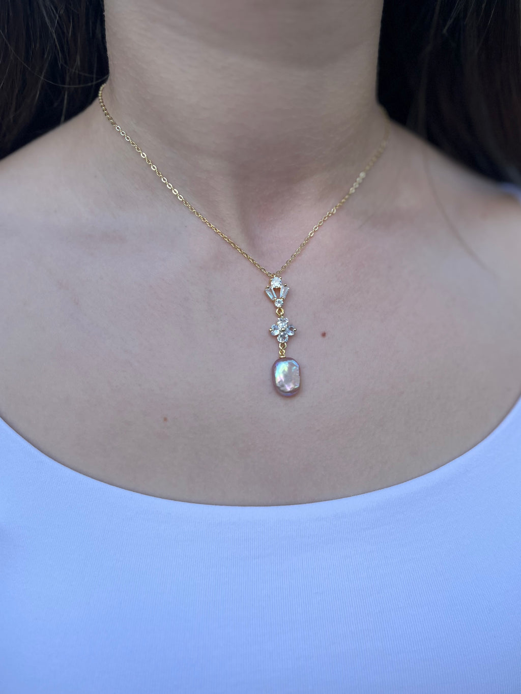 Baroque Pearl and zirconia Y-Necklace, 18k gold plated
