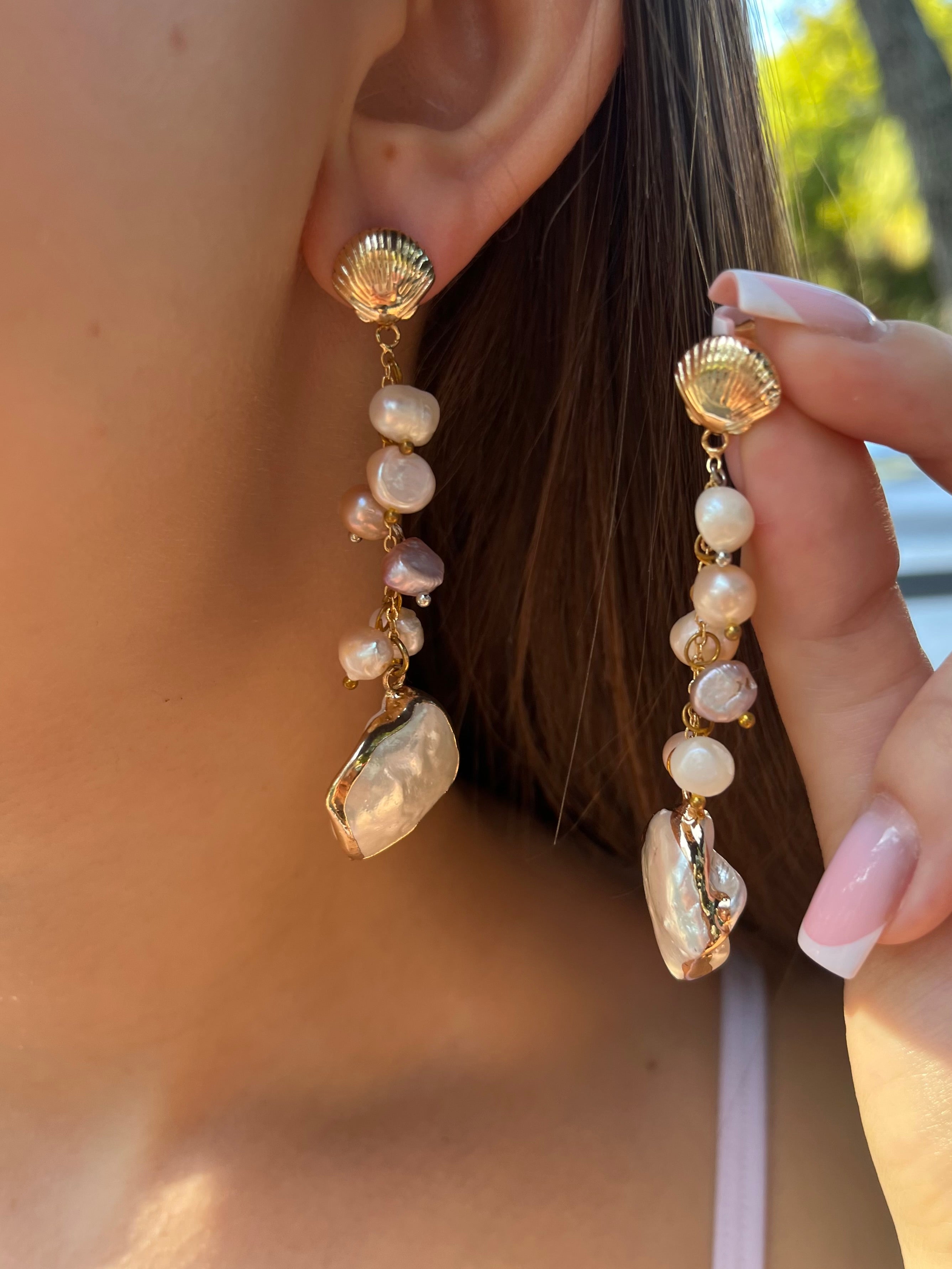 Long Natural Pearl Drop Earrings with baroque shell pendant
