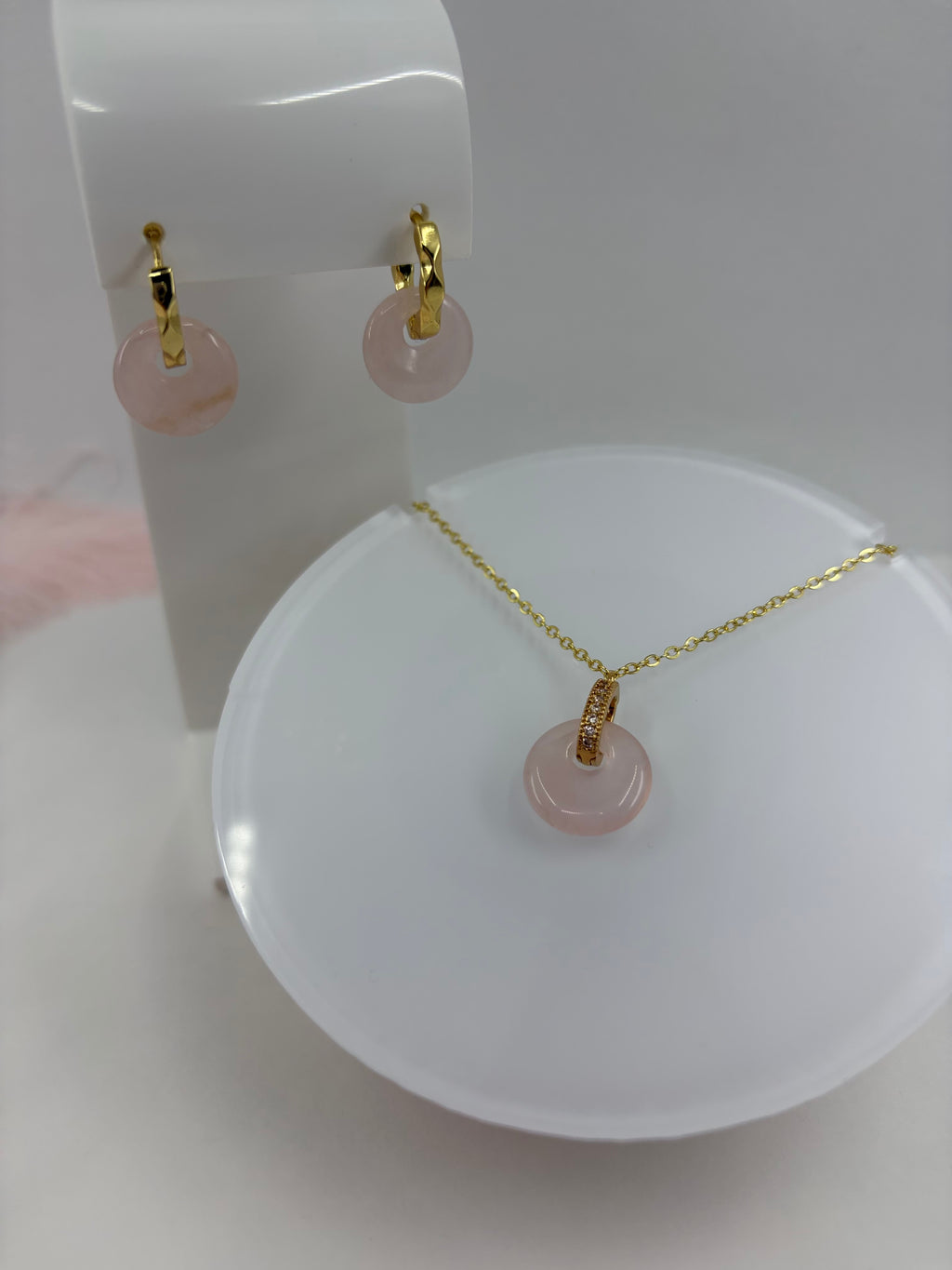 Rose Quartz Donut Earrings and Necklace,18K Gold Plated