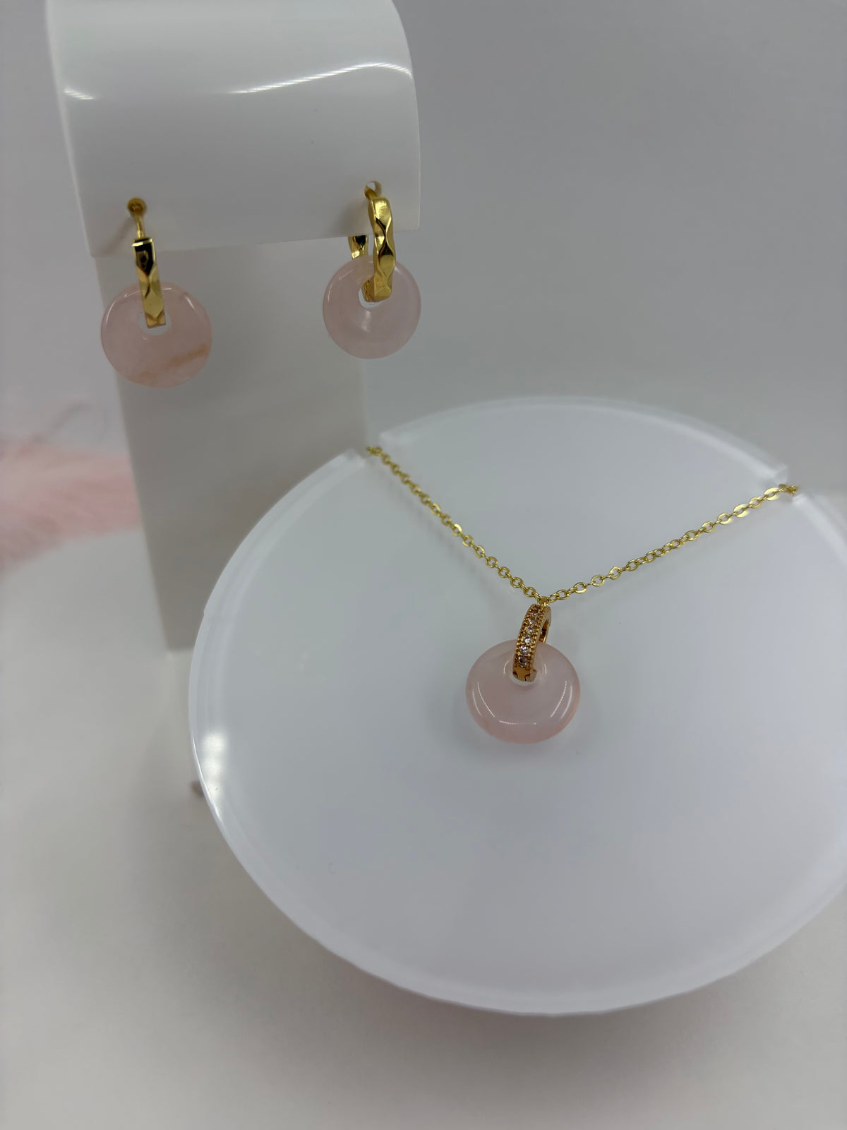 Rose Quartz Donut Earrings and Necklace,18K Gold Plated