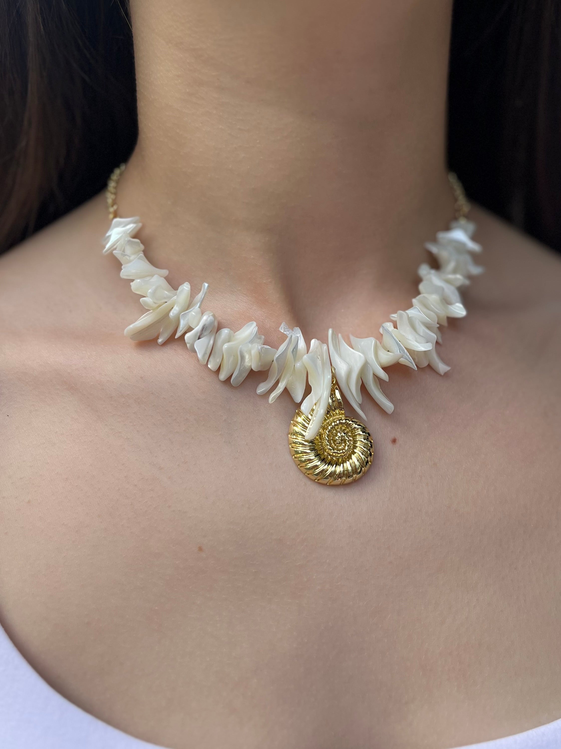 Natural Trochid Shell Necklace with Conch Charm, 18K Gold Plated