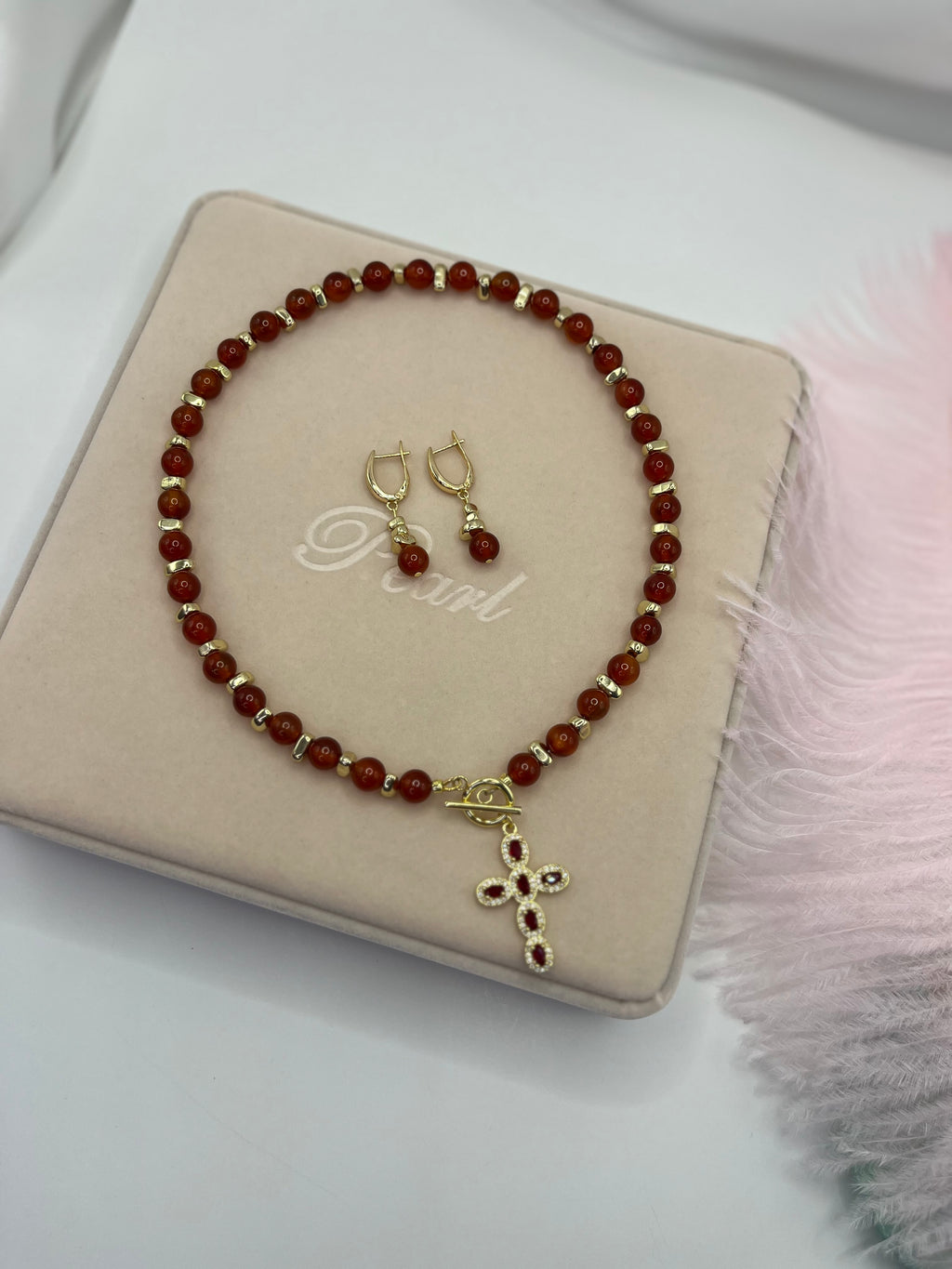 Set: Natural Carnelian Necklace with 18K Gold Cross and earrings