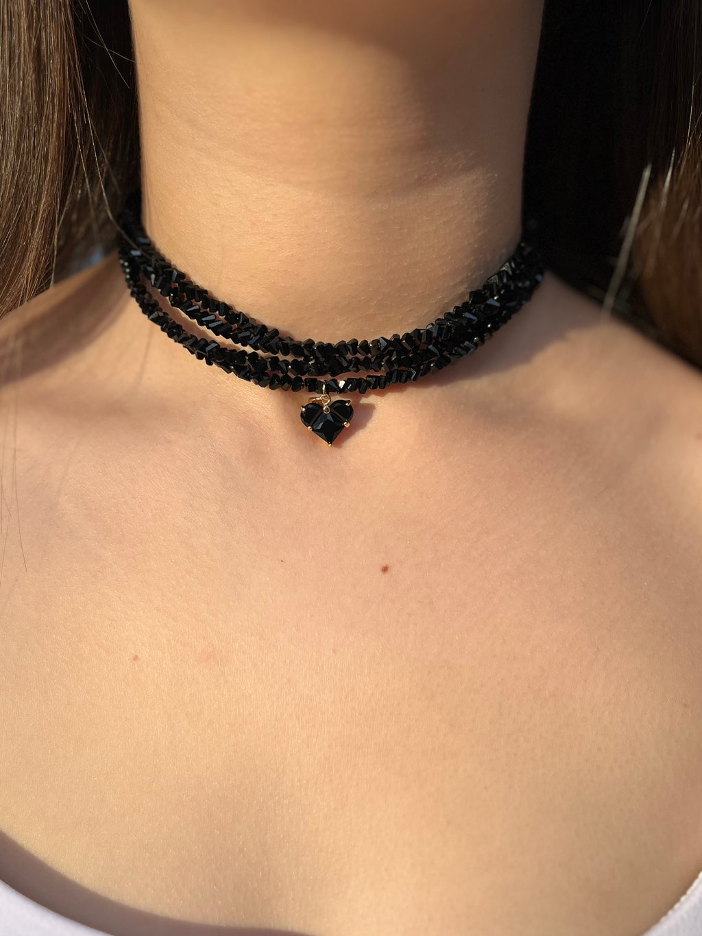 Layered Heart Black Crystal Choker – 18K Gold Plated, Cubic Zirconia, Nickel Free