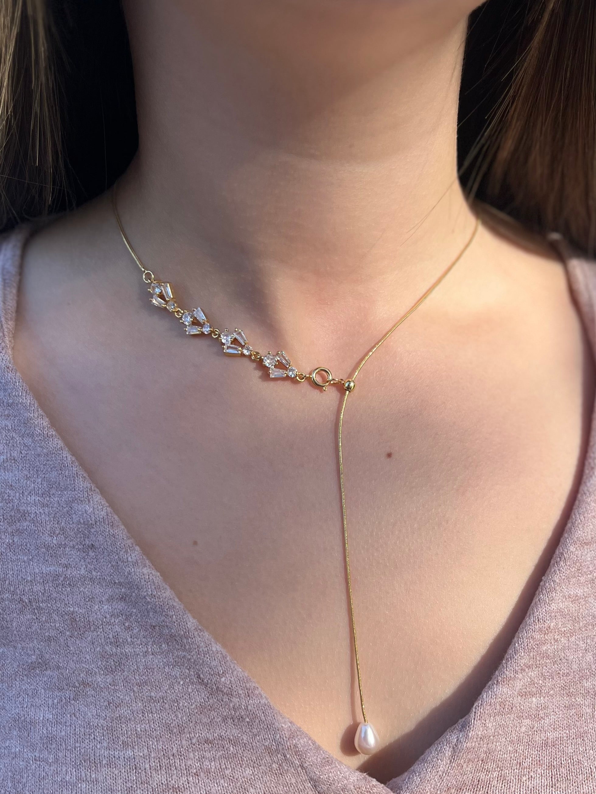 Baroque Pearl and zirconia Y-Necklace, 18k gold plated