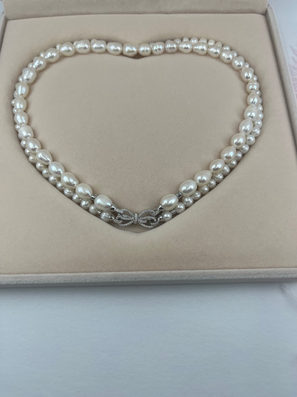 Layered Natural Pearl Necklace with 925 Sterling Silver Bowknot Clasp, Gift Box
