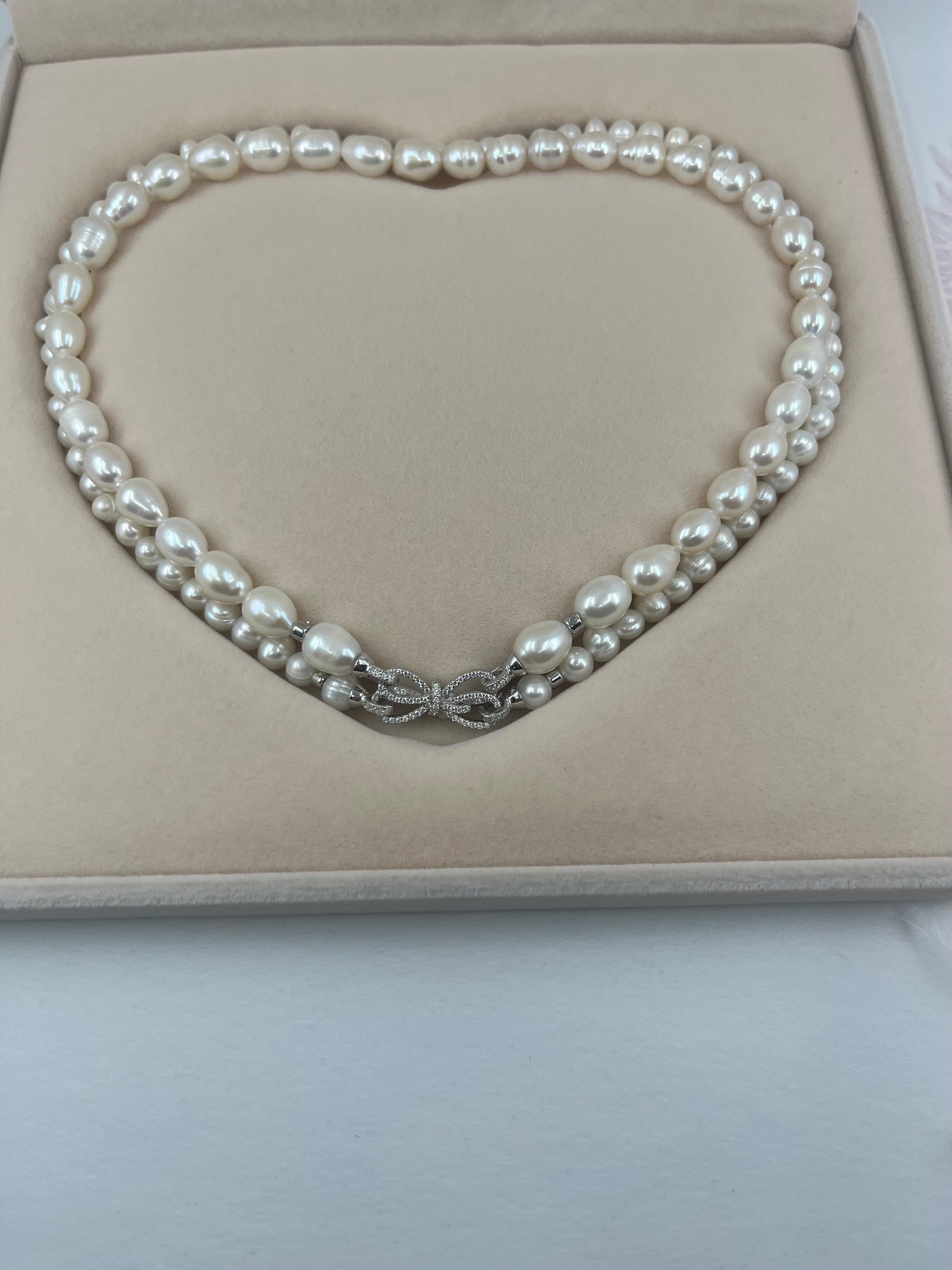 Layered Natural Pearl Necklace with 925 Sterling Silver Bowknot Clasp, Gift Box