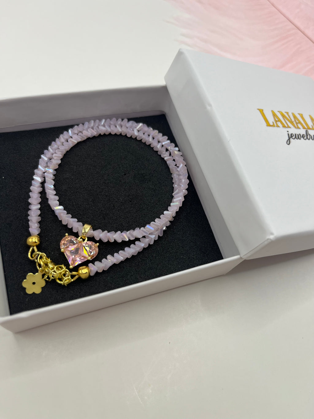 Crystal Pink Glass Bead Choker: 18K Gold Heart Pendant