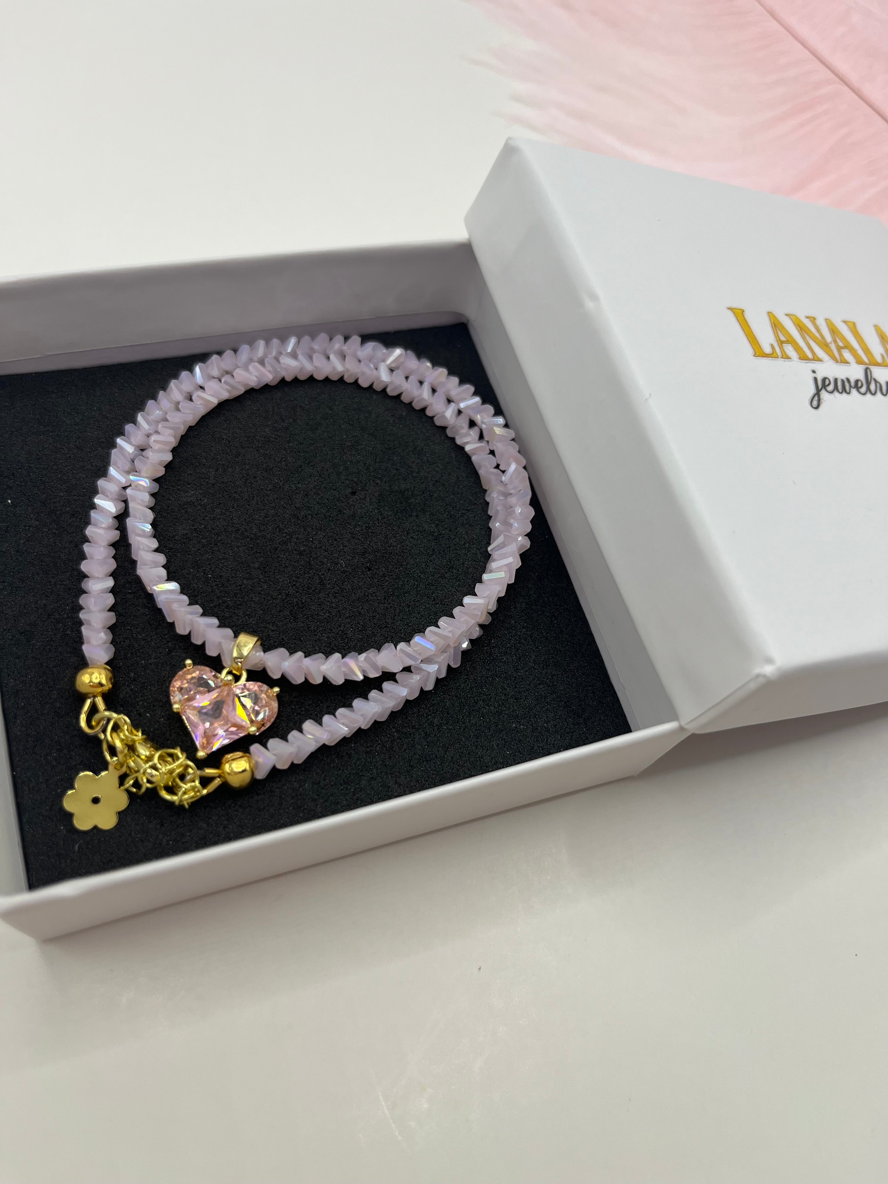 Crystal Pink Glass Bead Choker: 18K Gold Heart Pendant