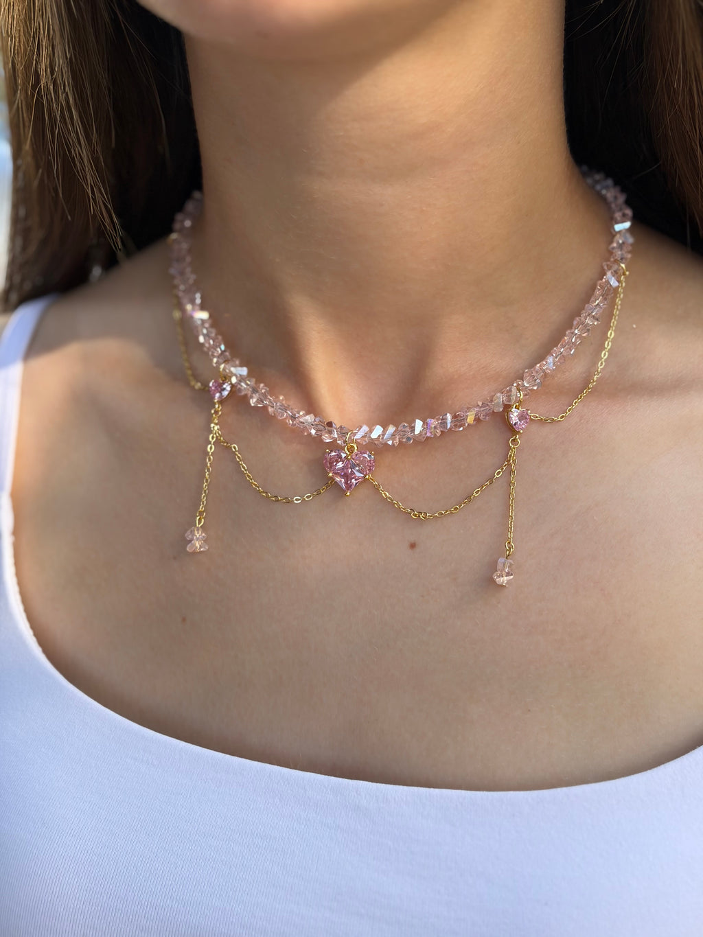 Handmade Crystal Hear Necklace, 18K Gold Plated