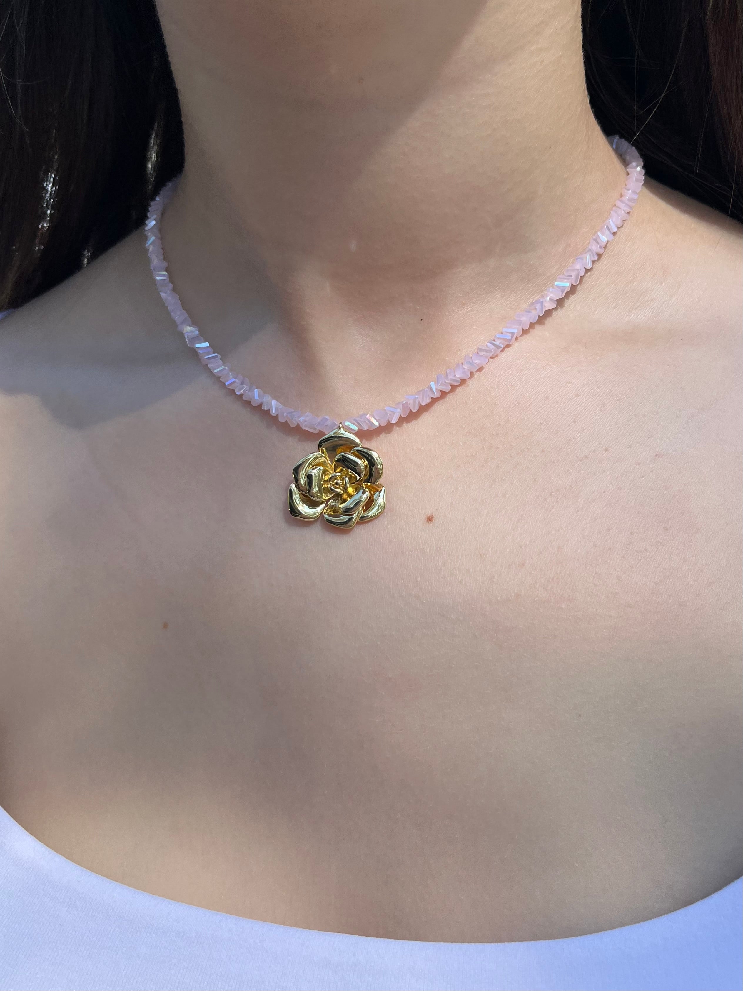 Crystal Pink Glass Bead Choker: 18K Gold Rose Pendant