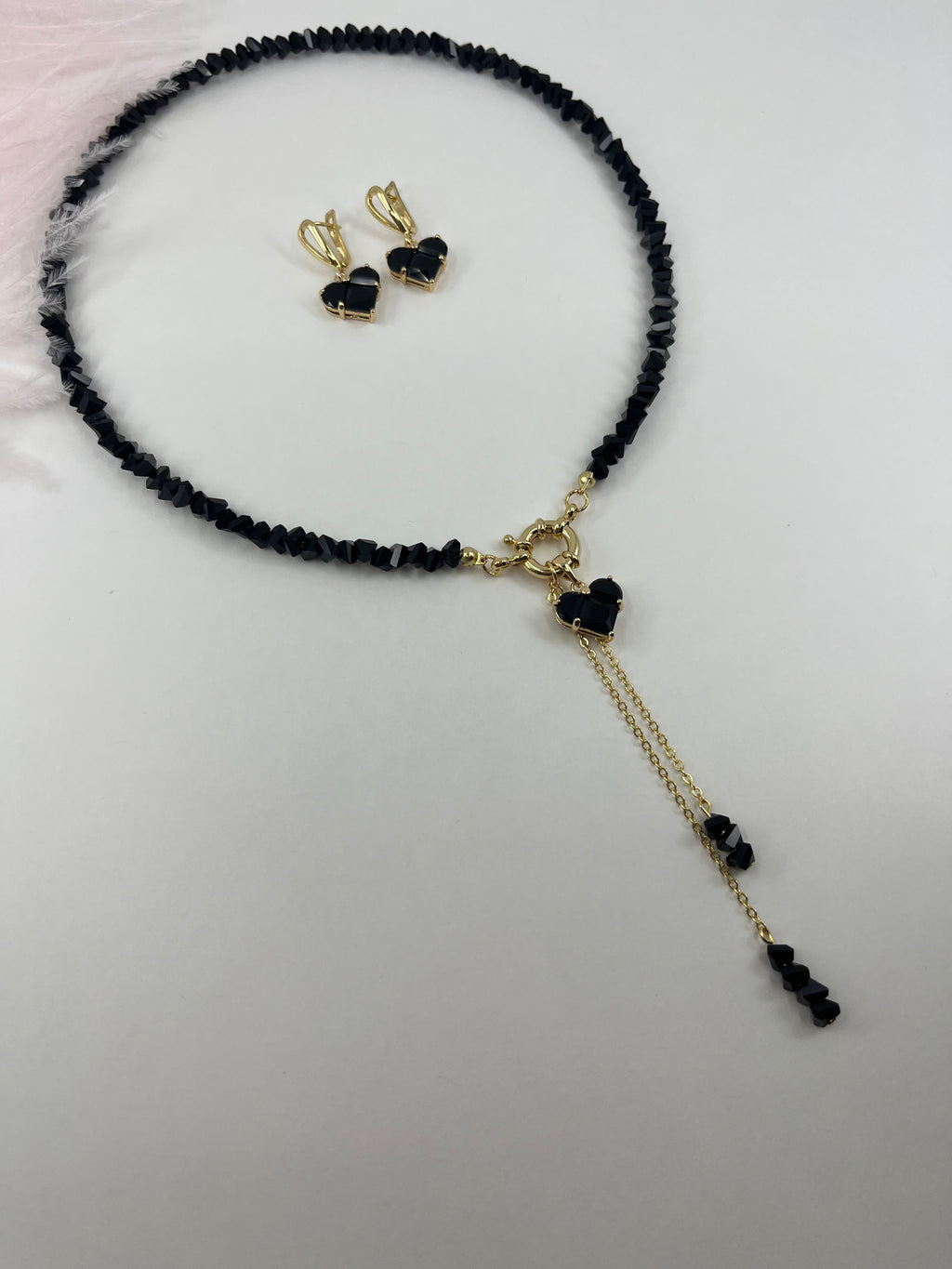 Set: Heart Black Crystal Y-Necklace and Earrings – 18K Gold Plated, Cubic Zirconia