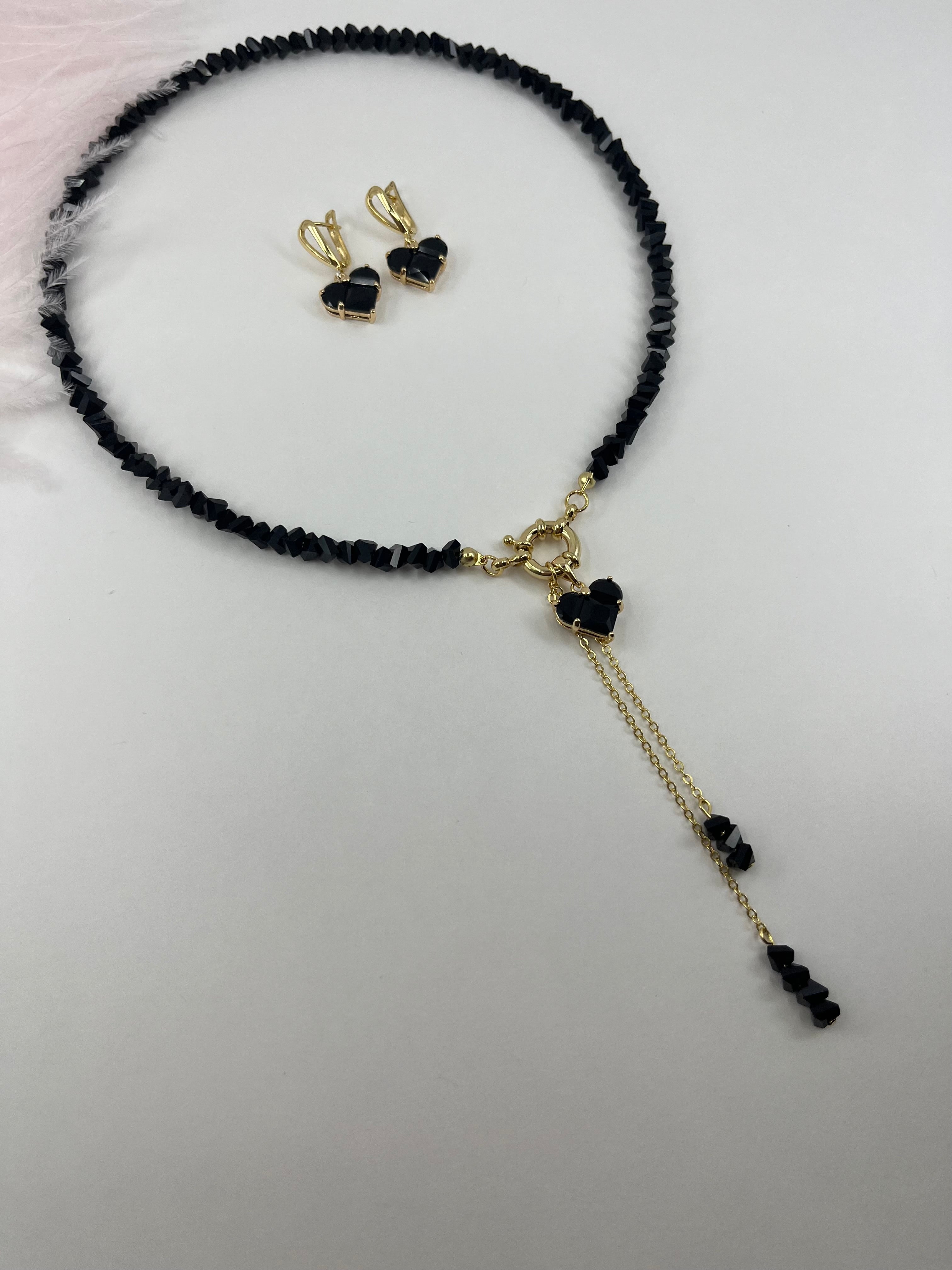 Set: Heart Black Crystal Y-Necklace and Earrings – 18K Gold Plated, Cubic Zirconia