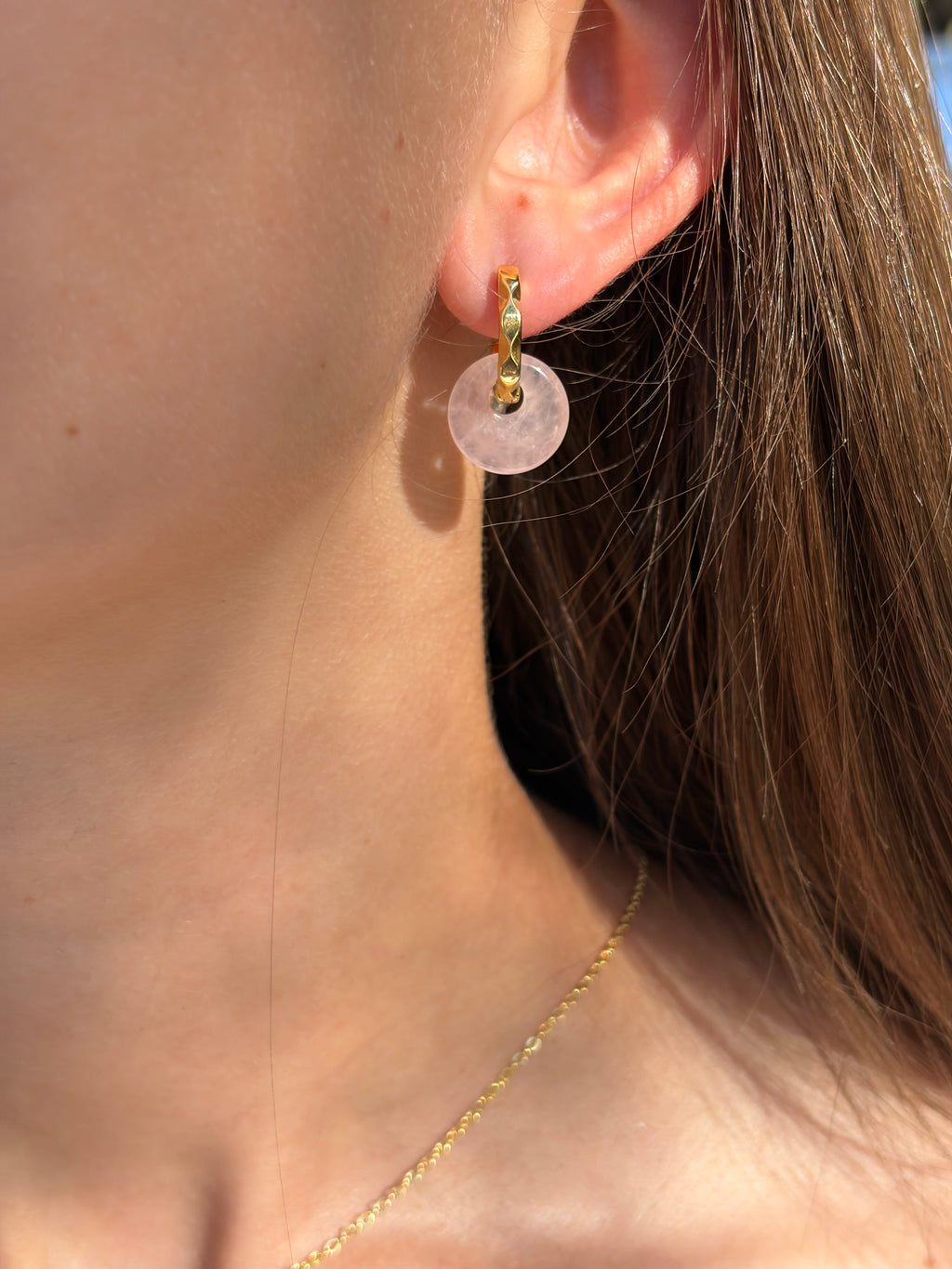 Rose Quartz Donut Earrings and Necklace,18K Gold Plated