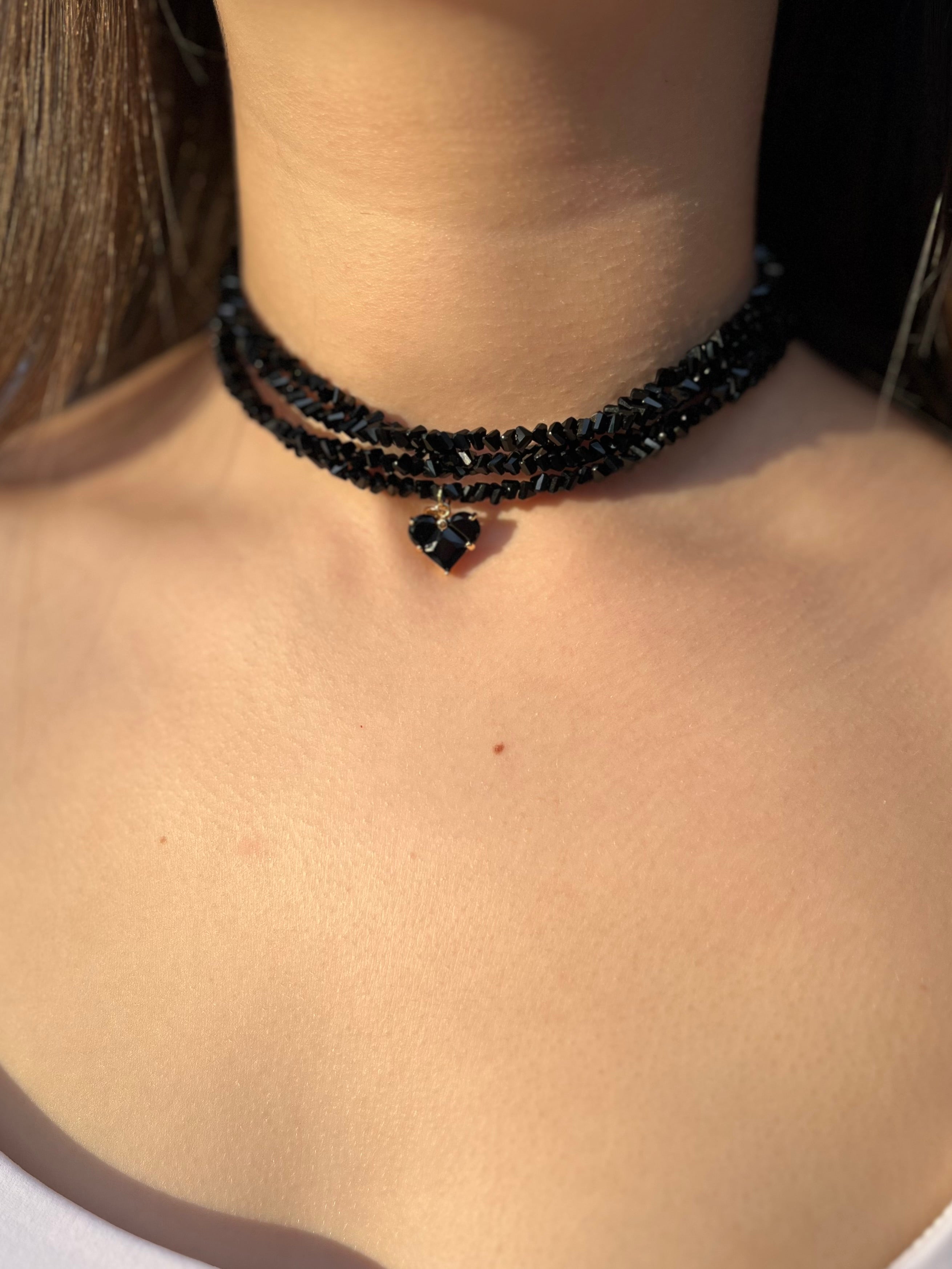 Layered Heart Black Crystal Choker – 18K Gold Plated, Cubic Zirconia, Nickel Free